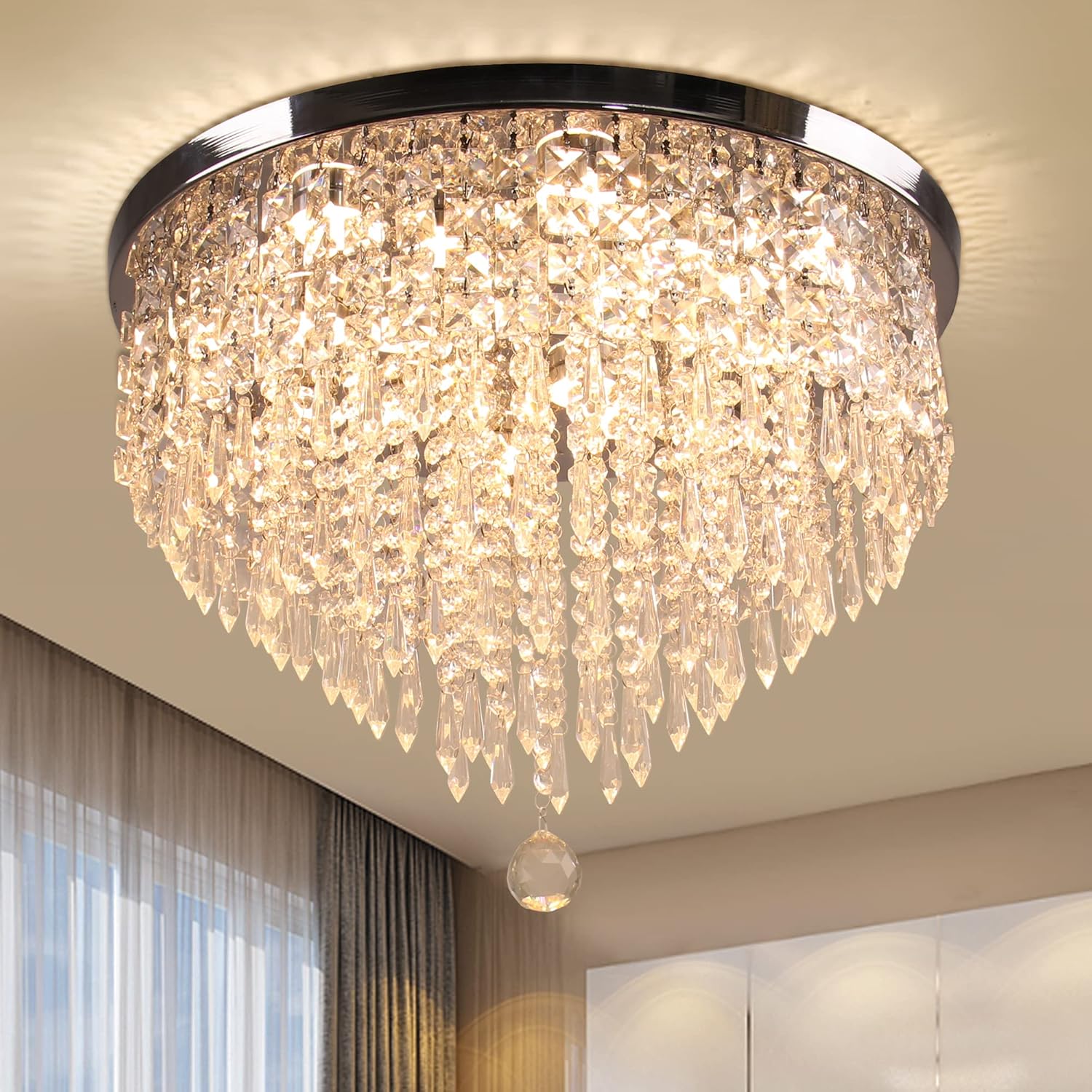 19.7" Modern Crystal Chandelier LED Flush Mount Ceiling Light Fixture Crystal Ceiling Chandeliers for Dining Room Bedroom Living Room 3000 K Warm White