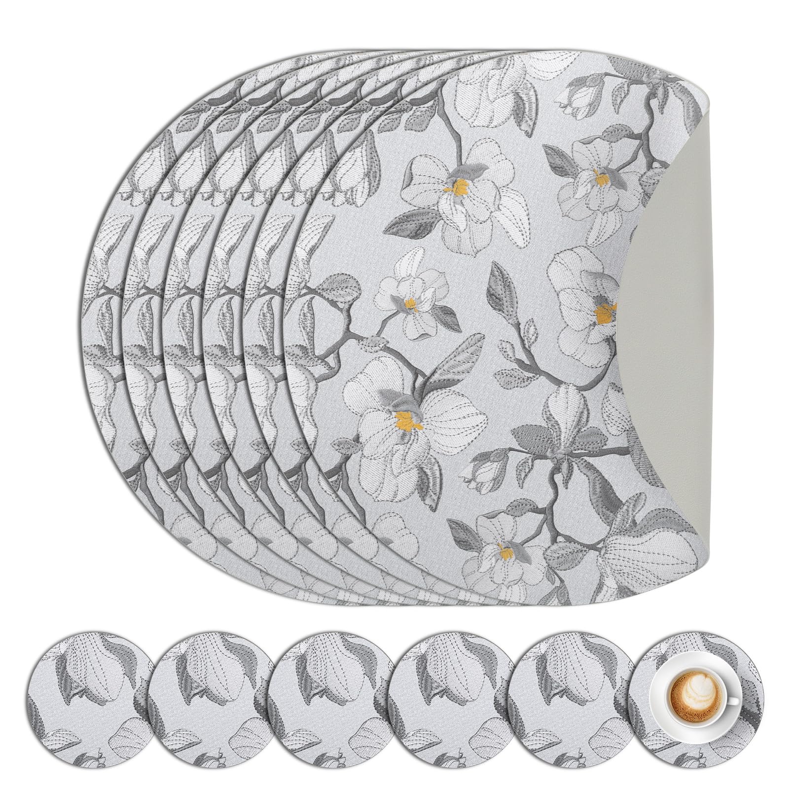 comfoyar Round PU Leather Placemats and Coasters Set of 6, 33cm Non-Slip Heat Resistant Dual-Sided Grey Flower Place Mats, Washable Waterproof Table Mats for Kitchen Dining Party Table Decoration