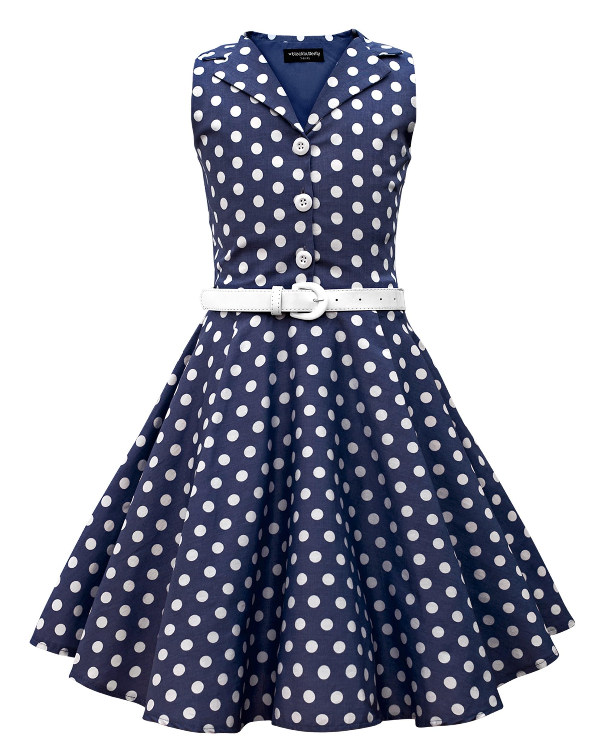 BlackButterfly Girls Holly Polka Dot Dress, Midnight Blue, 13-14 Years