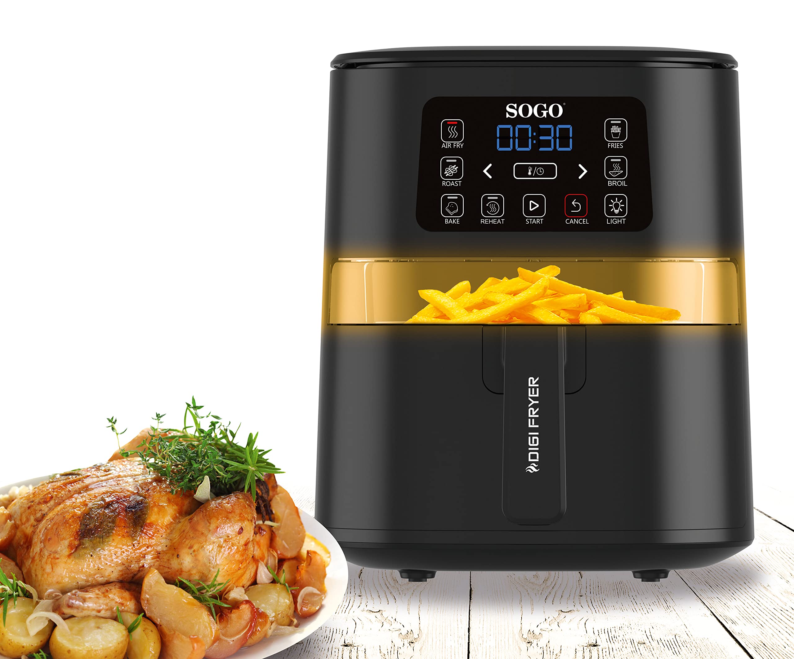 SOGO 10820 Freidora sin Aceite 4 L con visor de interior, 6 programas, recetario, 100-200°C, pantalla LED táctil, temporizador, 1600 W Air Fryer, negro, sin PFOA ni BPA (8425490137630)