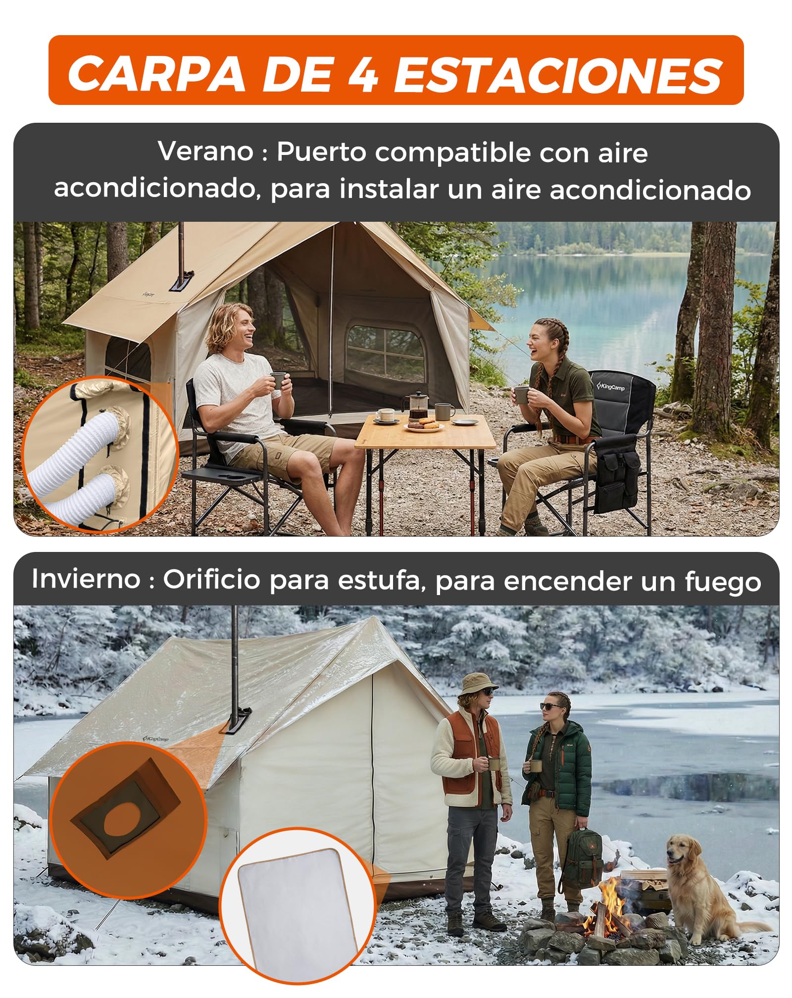 KingCamp 4-5 Personas Tienda,8 m² Tienda Casa con Abertura para Chimenea & AC – 210g TC Tienda Impermeable, 2 Puertas 4 Ventanas, con Tejido Ignífugo, para Camping Familiar, Glamping Festivales