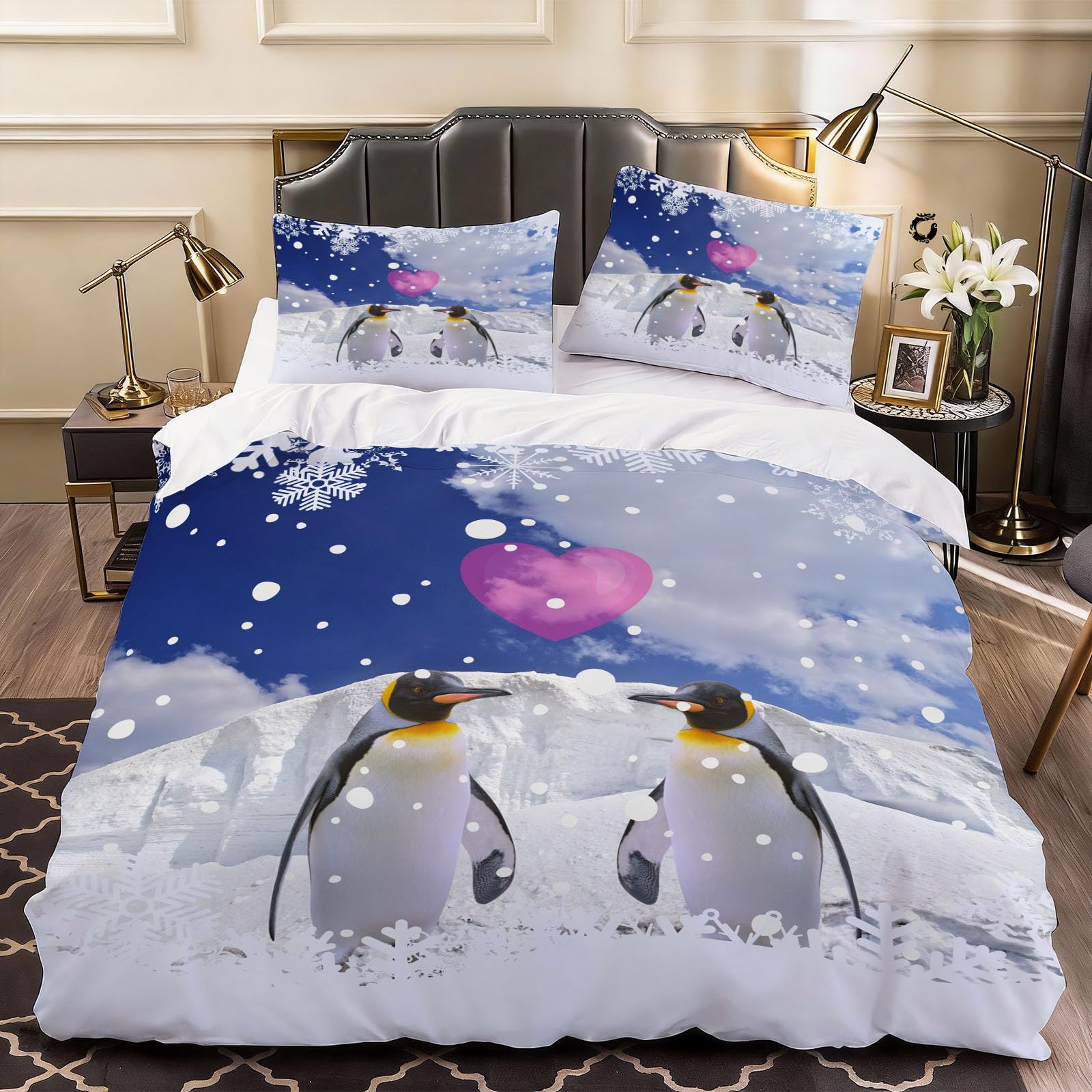 3D a Pair Of Penguins Duvet Cover Love Pattern Romantic Bedding Double Bed Set, Soft Microfiber Comforter Cover Printed with Zipper Closure Quilt Coverr 200x200 cm and 2 Pillowcases