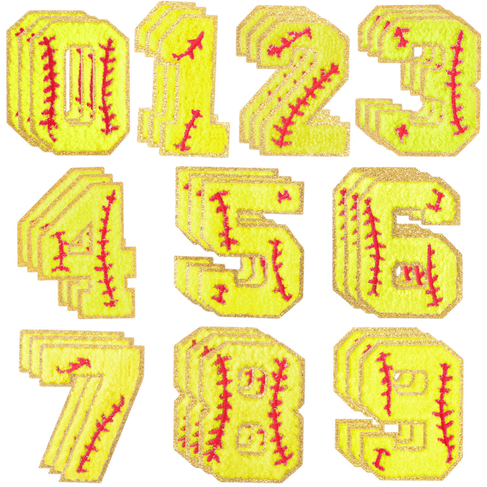 Photo 1 of Hotop 30 Pcs Chenille Letter Patches Iron on Patches for Clothing Sports Patches Chenille Embroidered Applique for Bags Hat DIY Clothing Jackets Backpacks Repair (Yellow,Softball Number Style)