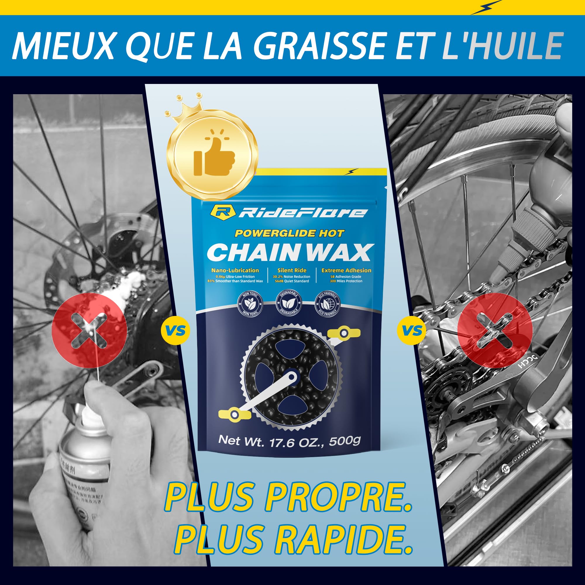 RideFlare Premium Cire pour chaîne 500g – Lubrifiant à chaud pour chaîne de vélo avec formule ultra-faible friction – Cire pour vélo durable et écologique pour une protection supérieure du groupe