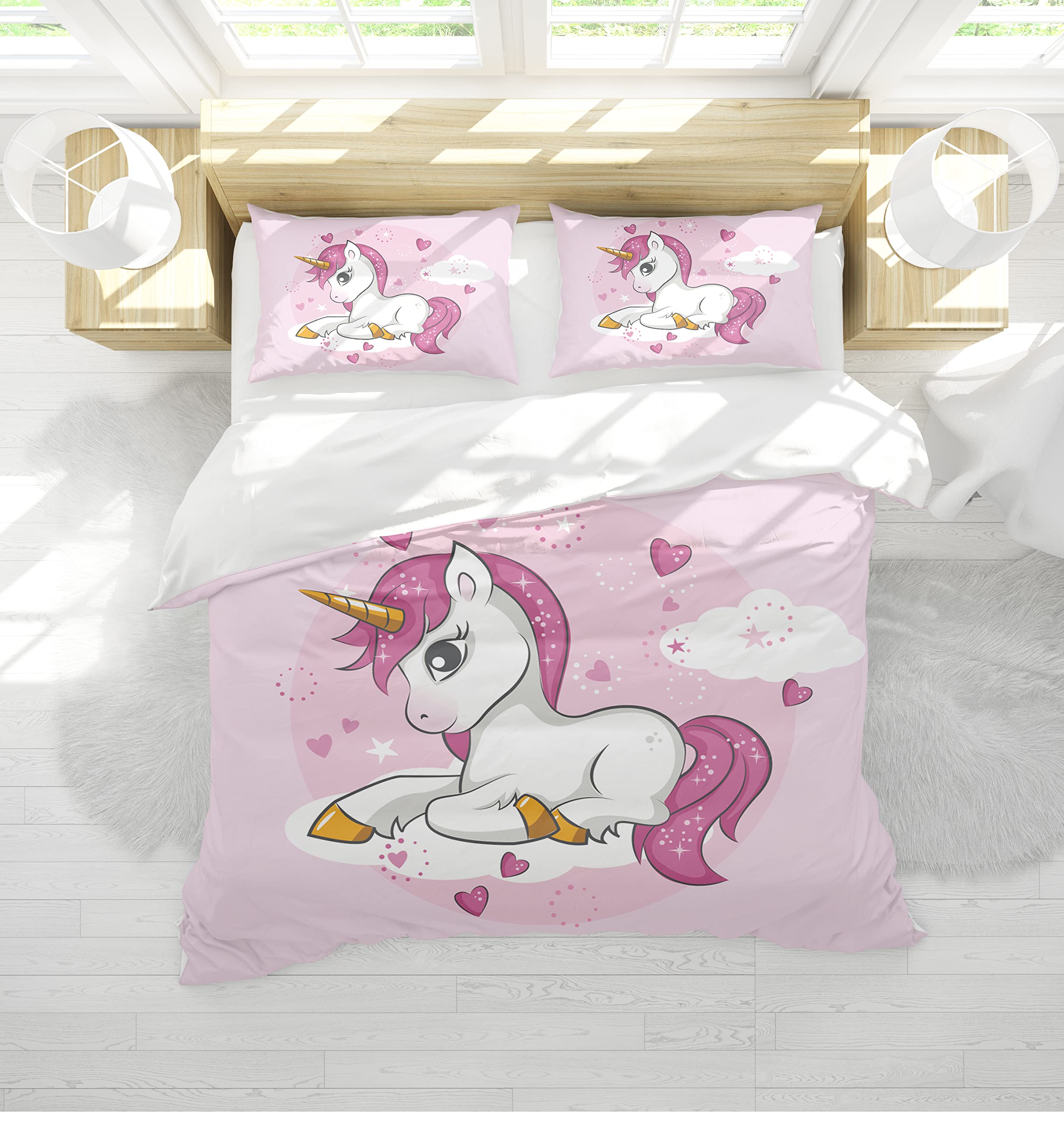 AVJWWD Set di Biancheria da Letto per Bambini, in Microfibra, con Motivo a Unicorno, con Stampa 3D, 3 Pezzi, con Chiusura a Strappo, Morbido per Ragazze (B, 220x240cm)