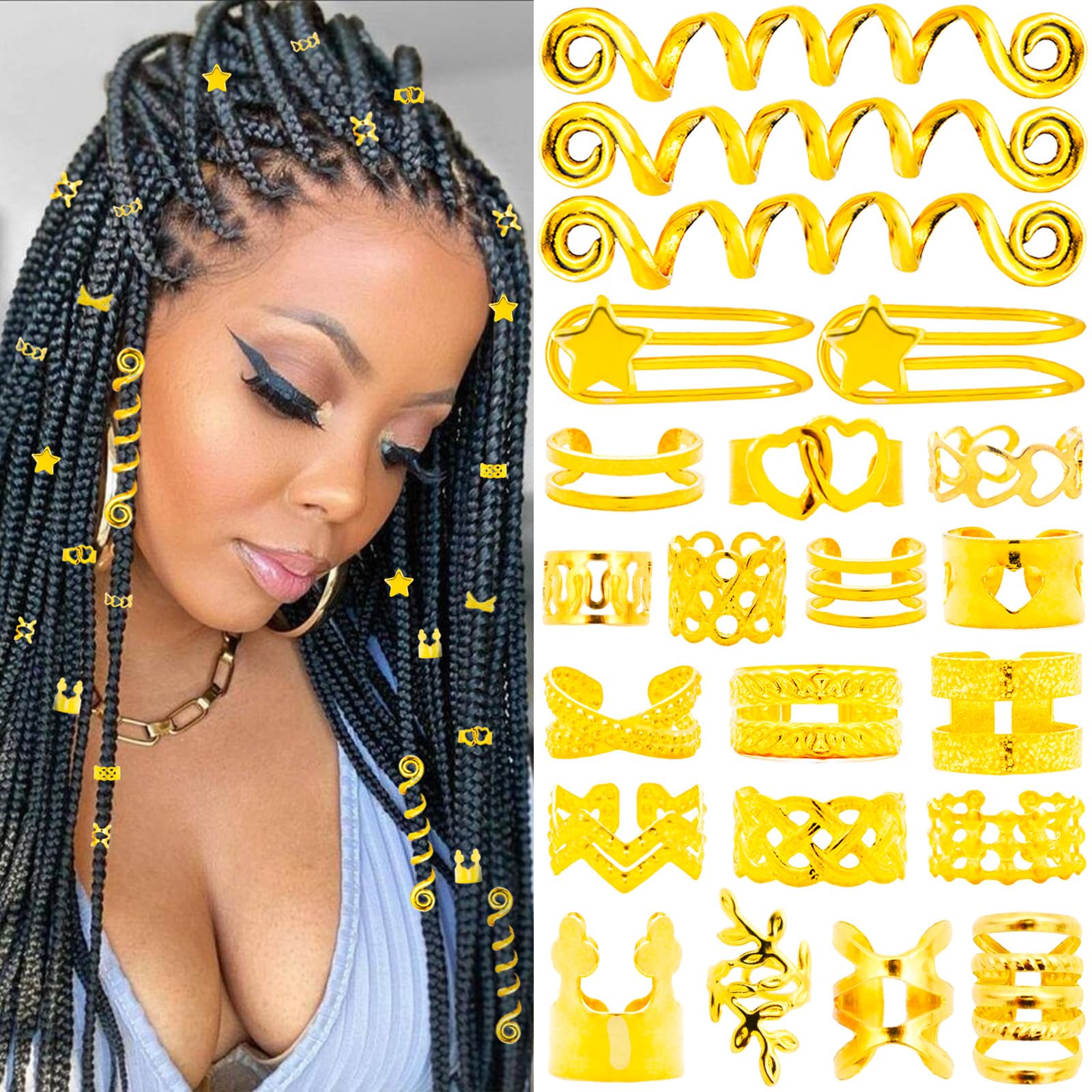 Vaikby 103PCS Gold Hair Jewelry for Braids Accessories, Hair Cuffs