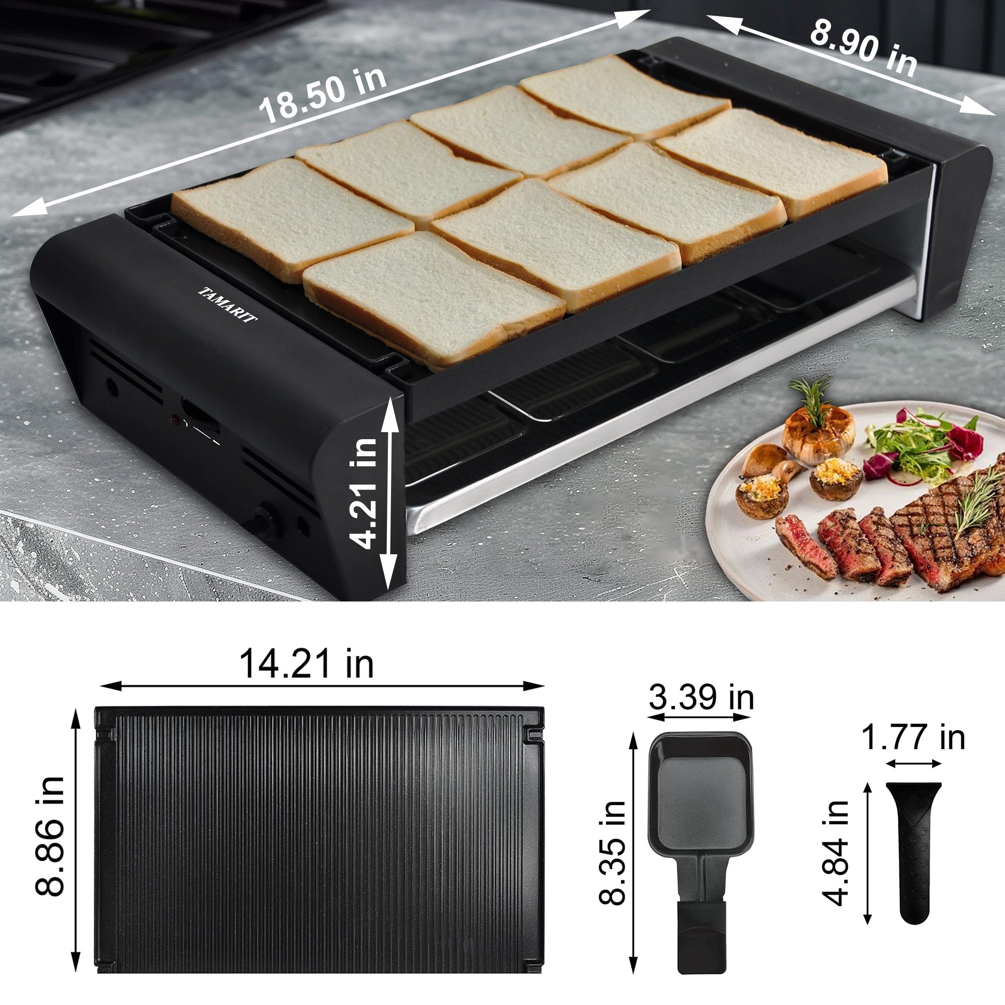 TAMARIT Raclette Table Grill for 8, 2 in 1 Raclette Grill Small Swiss Style Raclette PFAS-No Nonstick Reversible Grill/Griddle Plate Adjustable Temperature Control 1300 W, 8 Raclette Cheese Pans Black