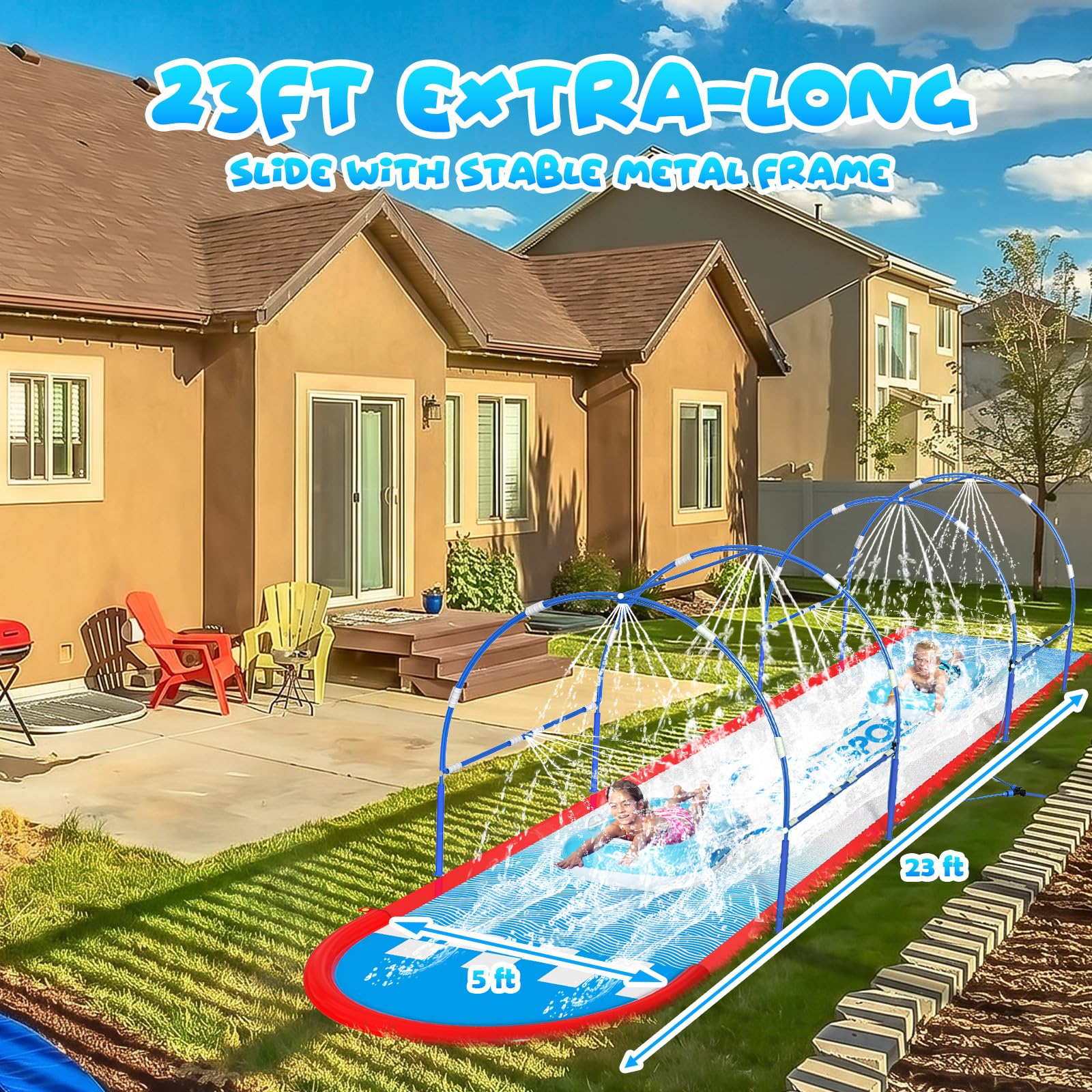 Toboggan à eau de pelouse de 7,9 m avec double cadre en métal et système d'arrosage indépendant, toboggan aquatique pour enfants, comprend 2 bodyboards, 6 piquets, pompe à air, jouet