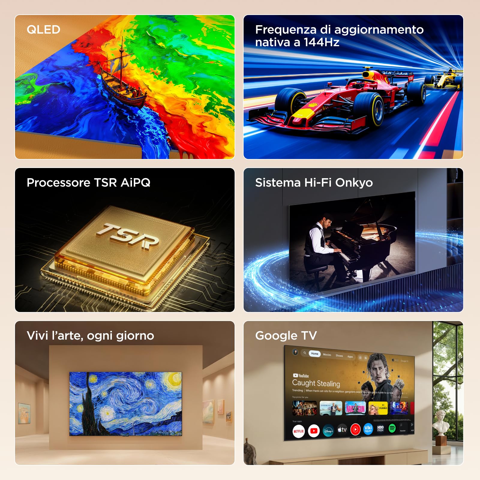 TCL 65A400 65” QLED, 4K HDR, Pannello HVA, Google TV, Dolby Vision & Atmos, Onkyo 2.0, 144Hz, AirPlay 2, Design piatto e sottile