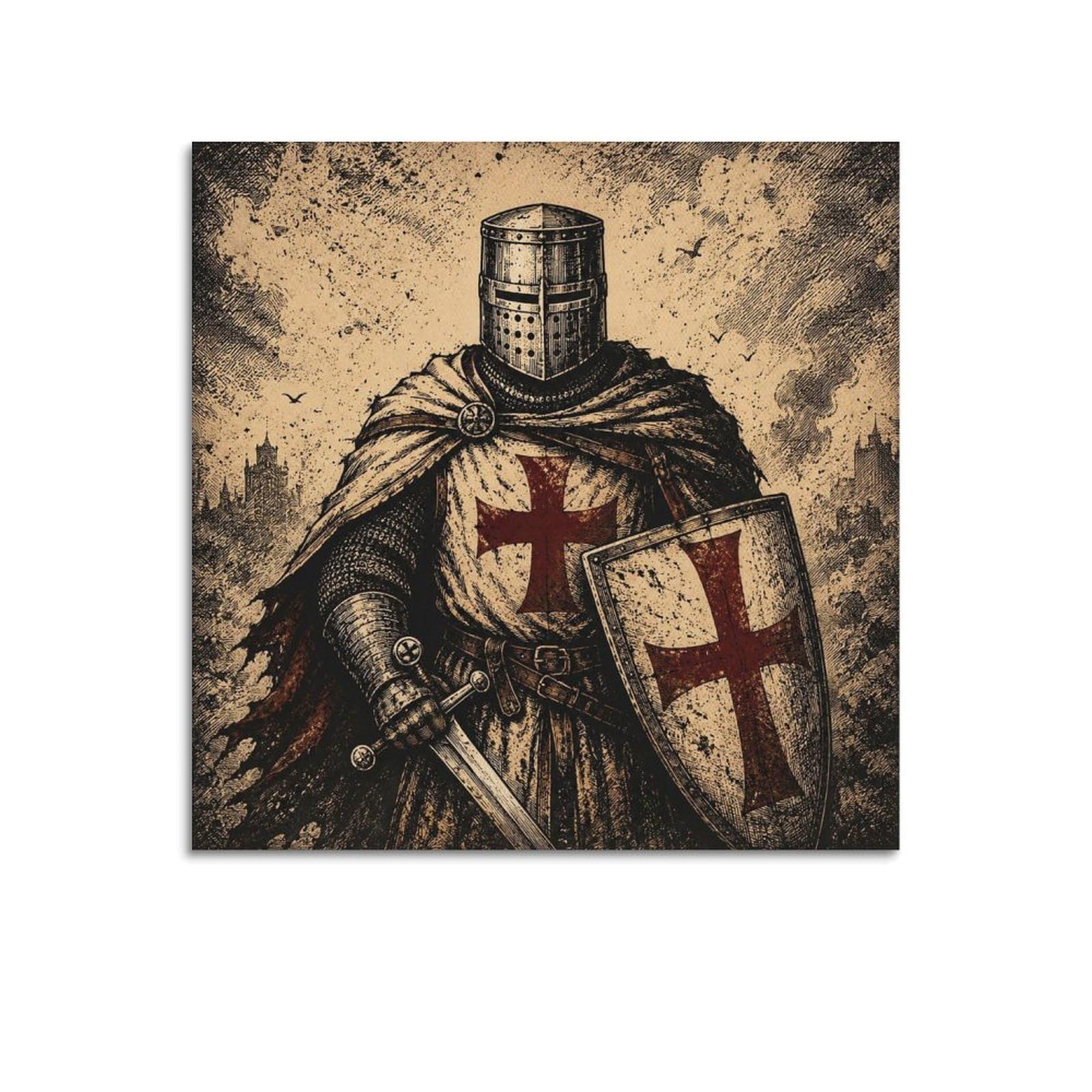 XKUGA Woodcut Gothic Poster Crusader Knight Red Cross Vintage Armor Modern Decorative Canvas Prints - Ideal Wall Art for Family, Man Cave, Game Room, Boys & Girls Bedroom 12x12inch(30x30cm)