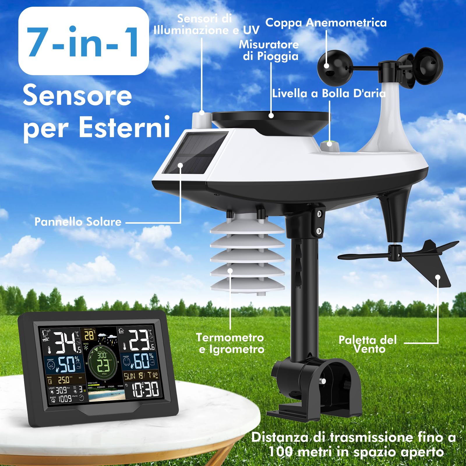 jely Stazione Meteo Professionale Wifi con App, Stazione Meteo con Sensore Esterno 7 in 1, 4 Luminosità Regolabili, Termometro, Igrometro, Anometro, Pluviometro, Barometro, Previsione del Tempo