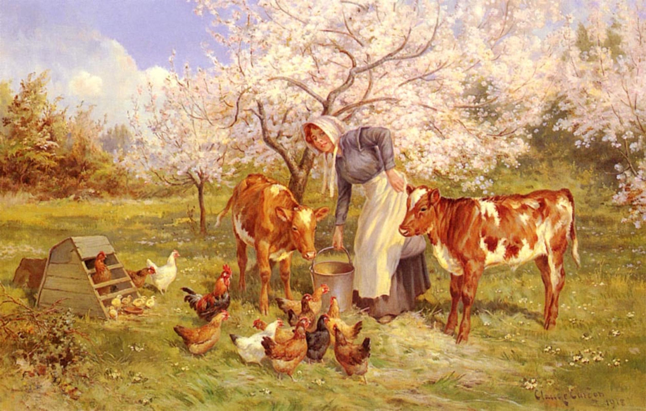 ARTXLXXBN Famous Painting Art Wall Decor Abstract Art Picture Feeding Time In The Orchard Claude Cardon Animal Pictures for Home Decor 60x90cm