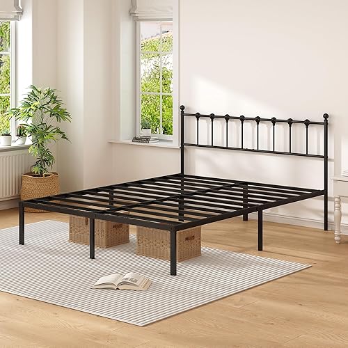 Miniatura 5 de Base de cama de tamaño matrimonial con cabecera moderna, base de cama de plataforma de metal con soporte fuerte, no necesita somier, fácil montaje,