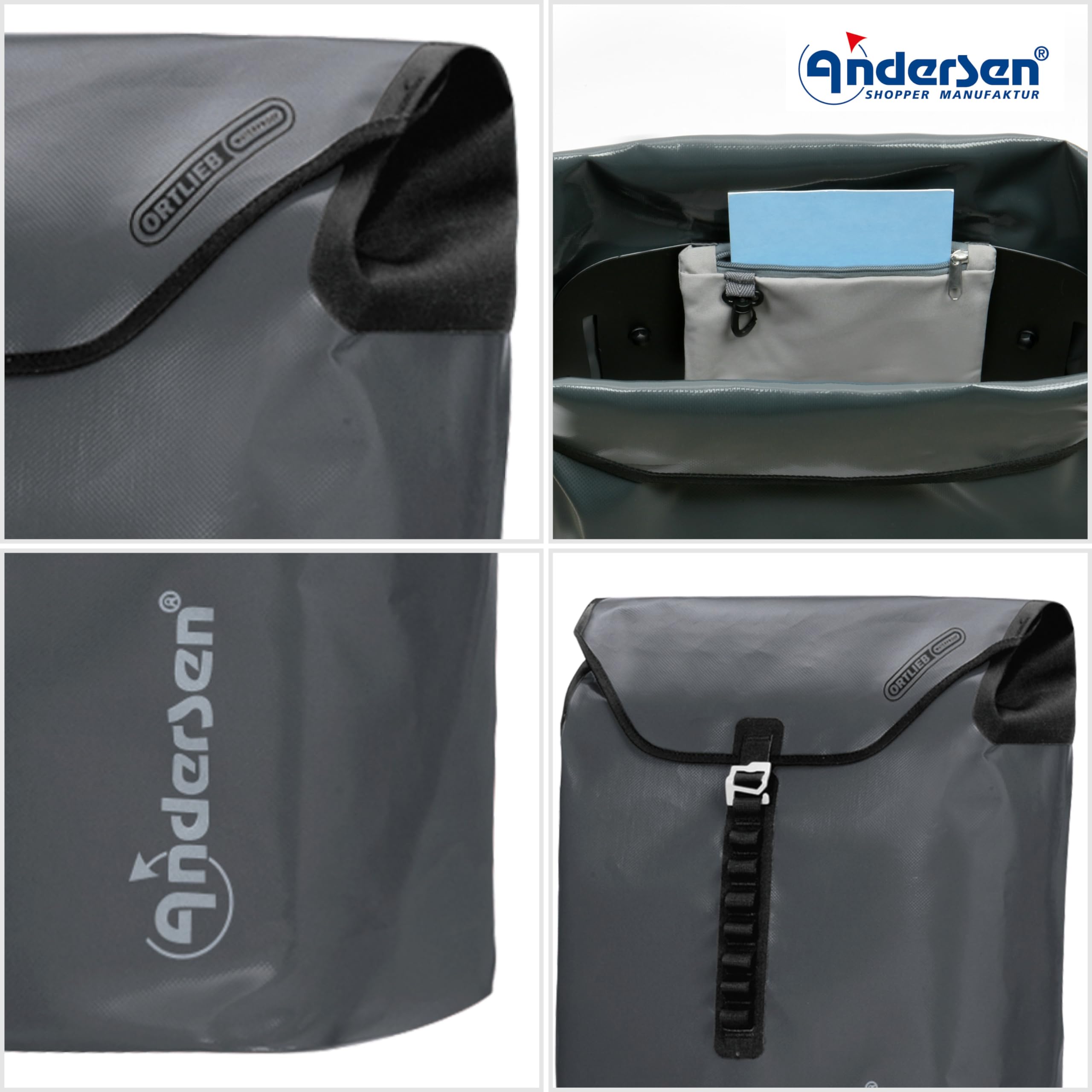ANDERSEN Einkaufstrolley - Tura Shopper Ortlieb anthrazit | Fahrradanhänger, Luftbereifung, ergonomischer Griff, bis 50 kg - Tasche verschweißt, wasserdicht, Innenfach, 49 L