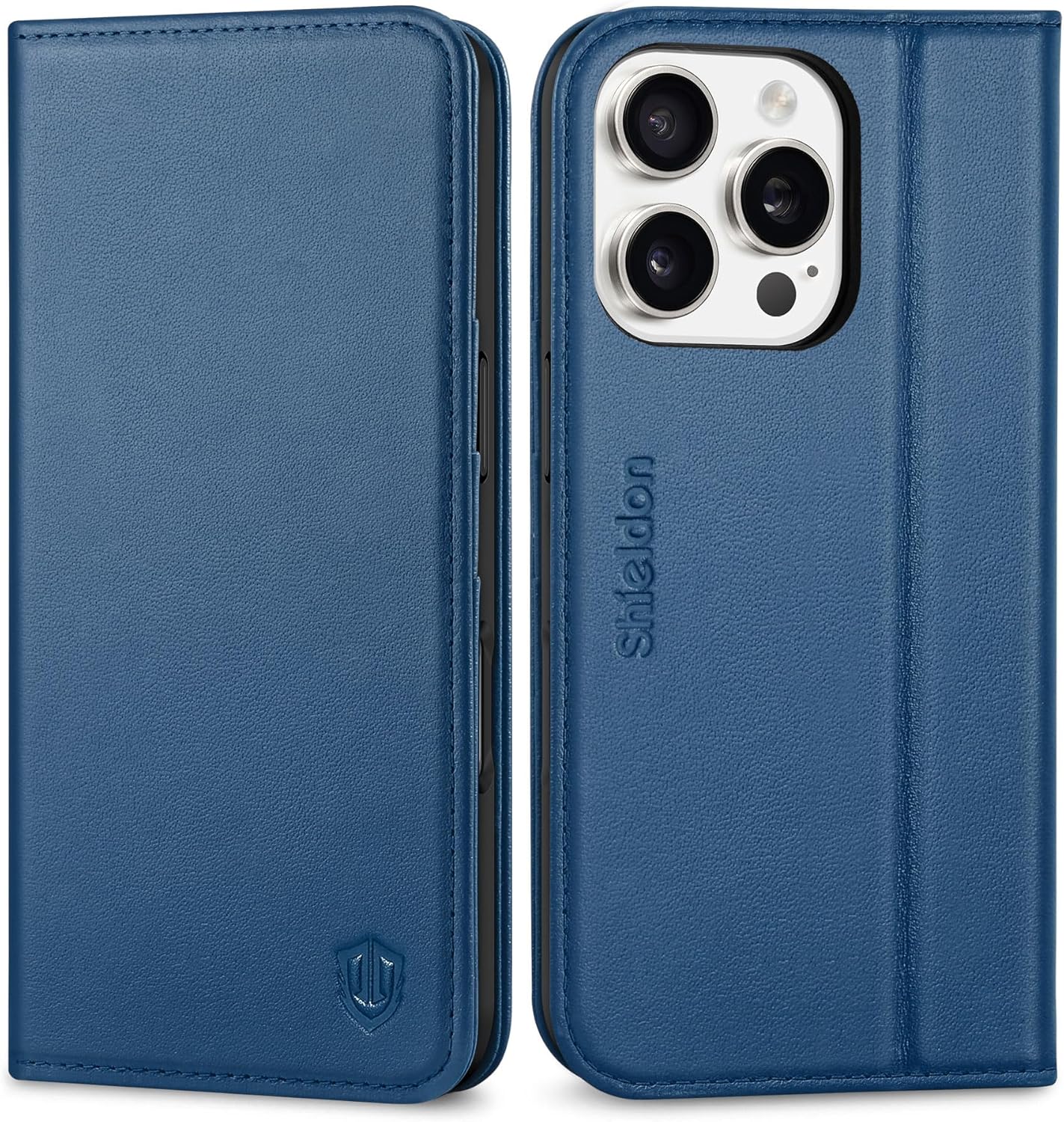 SHIELDON Case for iPhone 16 Pro 5G, Genuine Leather Wallet Flip Magnetic RFID Blocking Credit Card Slots Kickstand Shock-Absorbent TPU Shell Case Compatible with iPhone 16 Pro 6.3" - Nappa Royal Blue