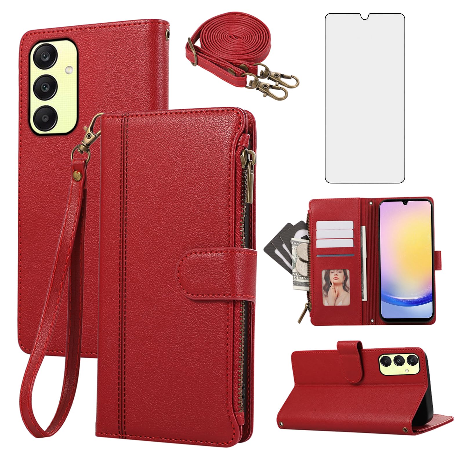 Asuwish Phone Case for Samsung Galaxy A25 5G/A24 4G/M34 /F34 Zipper Wallet Cell Cover with Tempered Glass Screen Protector Crossbody Strap Flip Card