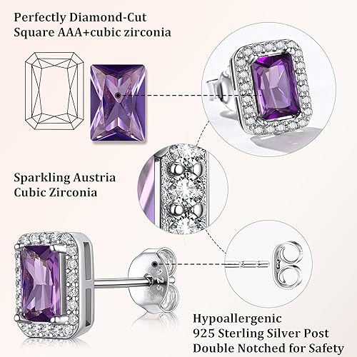 Miniatura 4 de Bestyle Sparkling 925 Sterling Silver Birthstone Stud Earrings for Women, HeartRoundTeardropSquare Crystal Solitaire Diamond Studs Halo Earrings,