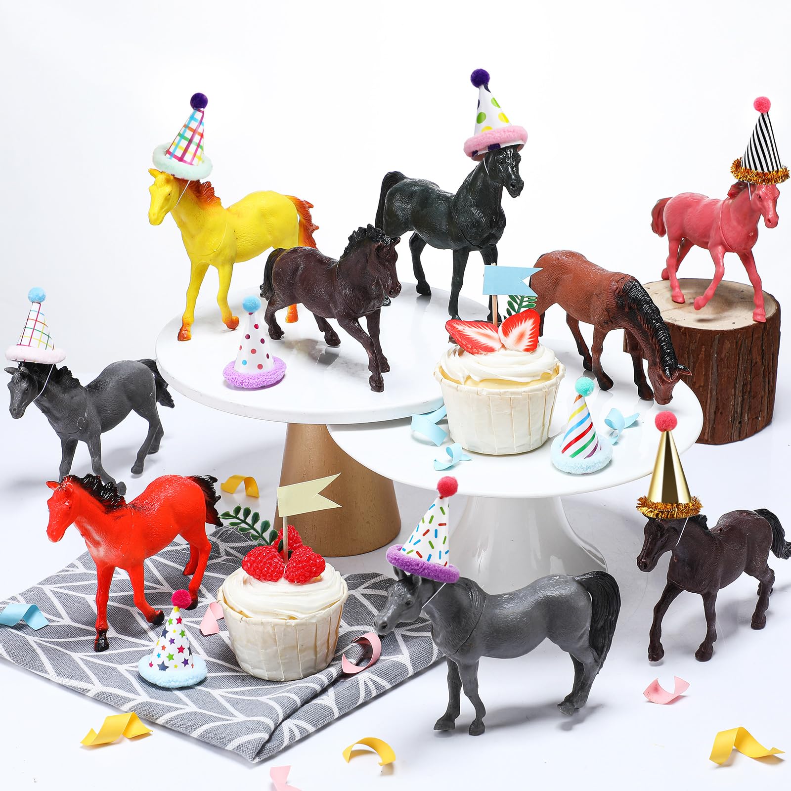 Colingmill 18 Pcs Horse Birthday Party Decorations Mini Birthday Hat Animal Figure Model Cake Toppers with Mini Hat for Birthday Party, Animals Themed