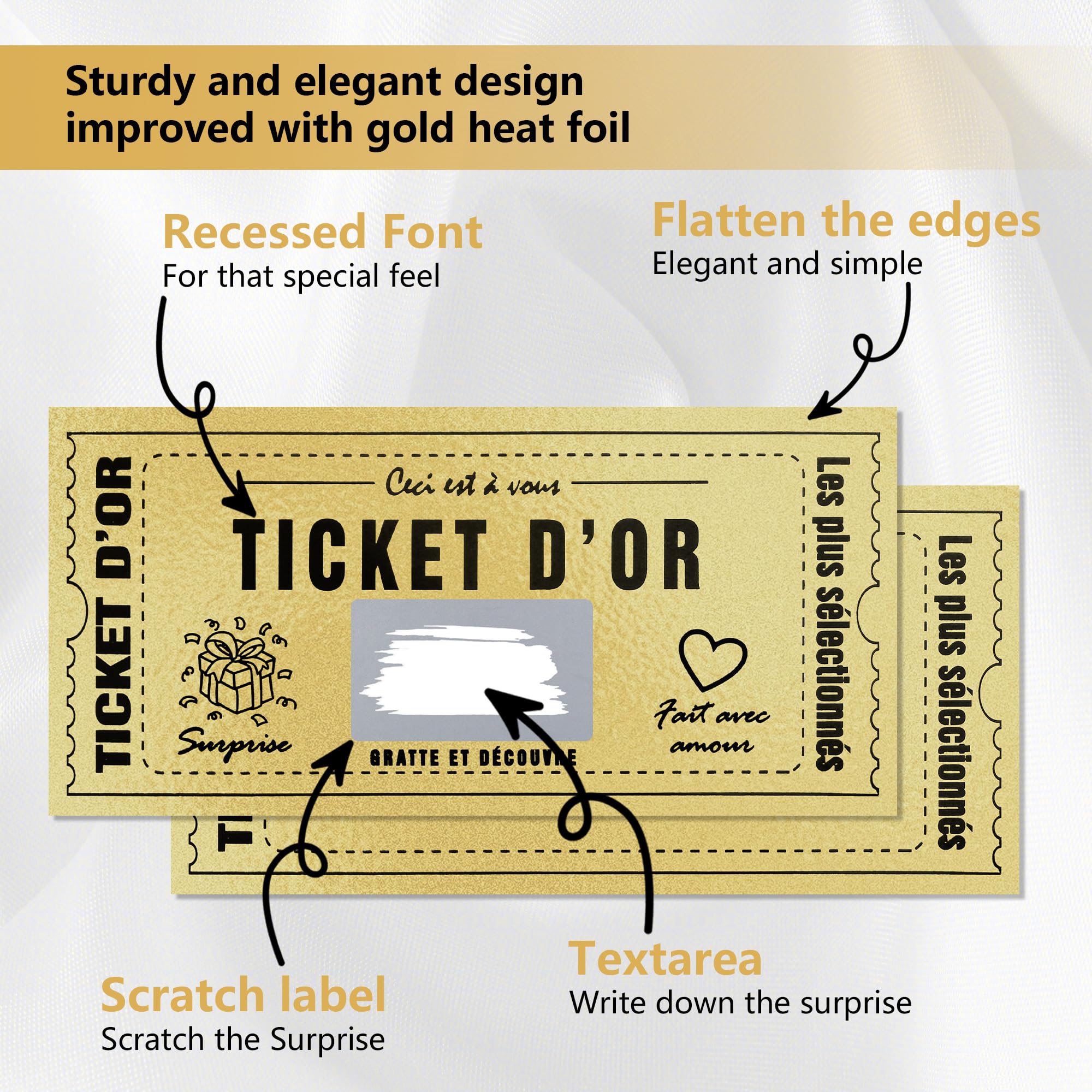 Carte à gratter Golden Ticket d'Or Personnalisable 6 Pièces Cadeau Surprise Anniversaire Saint-Valentin