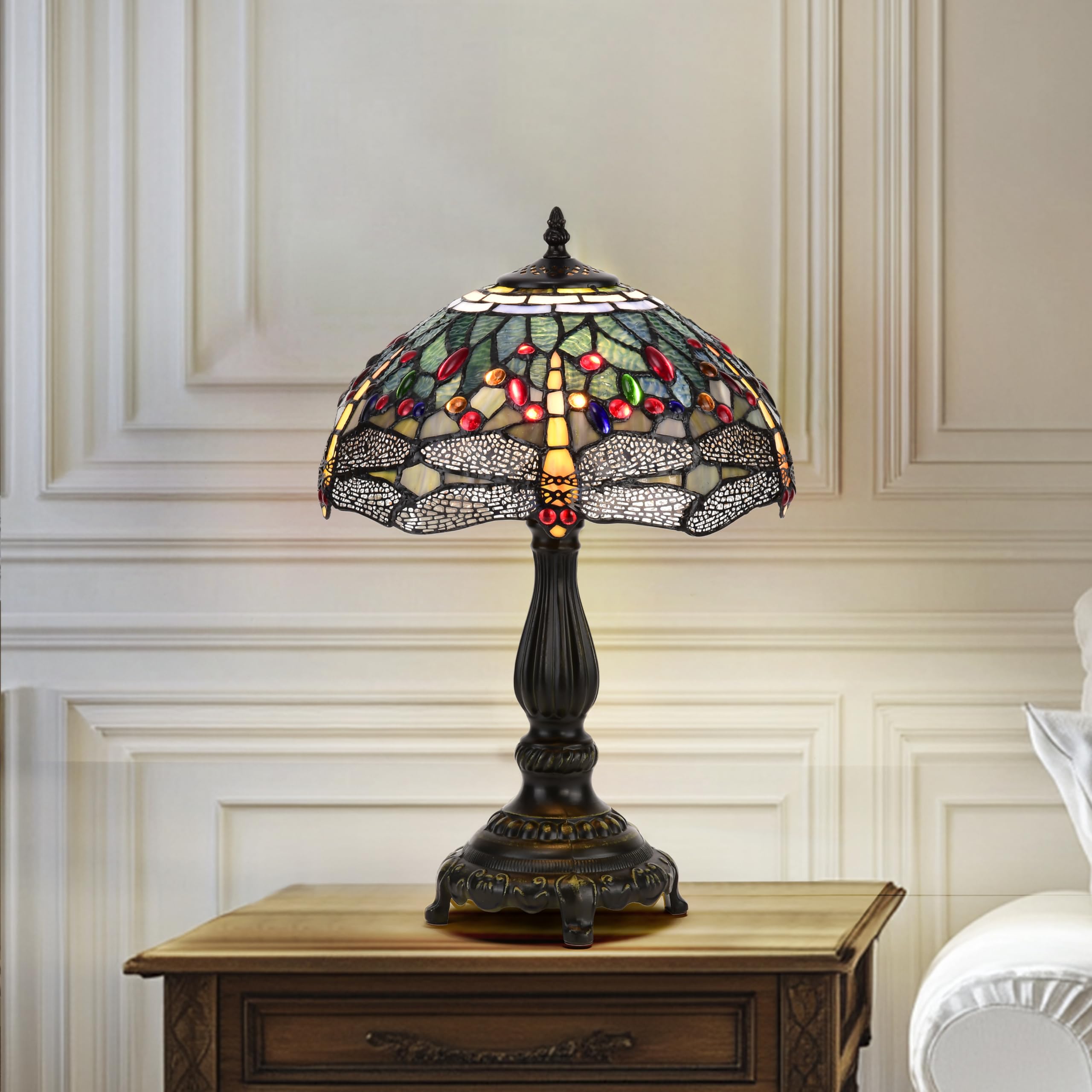 Belofay Yellow Dragonfly Tiffany Table Lamp Tiffany Lamps, Stained Glass Handmade Tiffany Vintage Bedside Table Lamps For Living Room, Bedroom, And Lounge 12 Inches Wide, 18 Inches Complete Height (Yellow Dragonfly Tiffany Table Lamp)