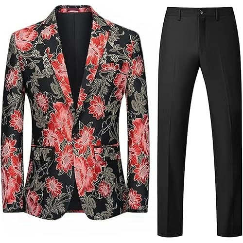 Mens 2 Piece Floral Dress Suit One Button Dinner Tuxedo Jacket & Pants Luxury Printed Wedding Blazer