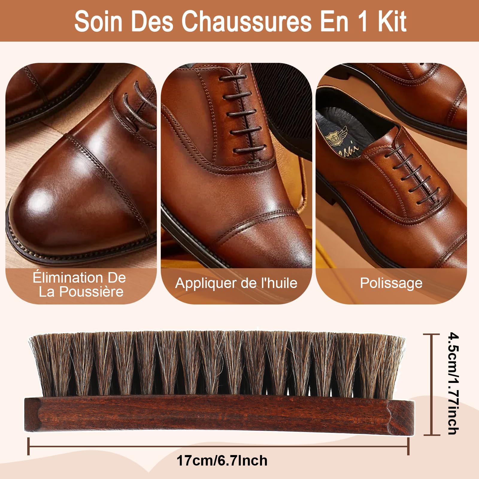 Brosse Chaussures CRIN de Cheval Naturel Entretien Cuir Polissage Lustrage pour Botte Basket Daim Canapé Meuble Intérieur Voiture Manche Bois de Hêtre Kit Nettoyage Professionnel Accessoire Brillance
