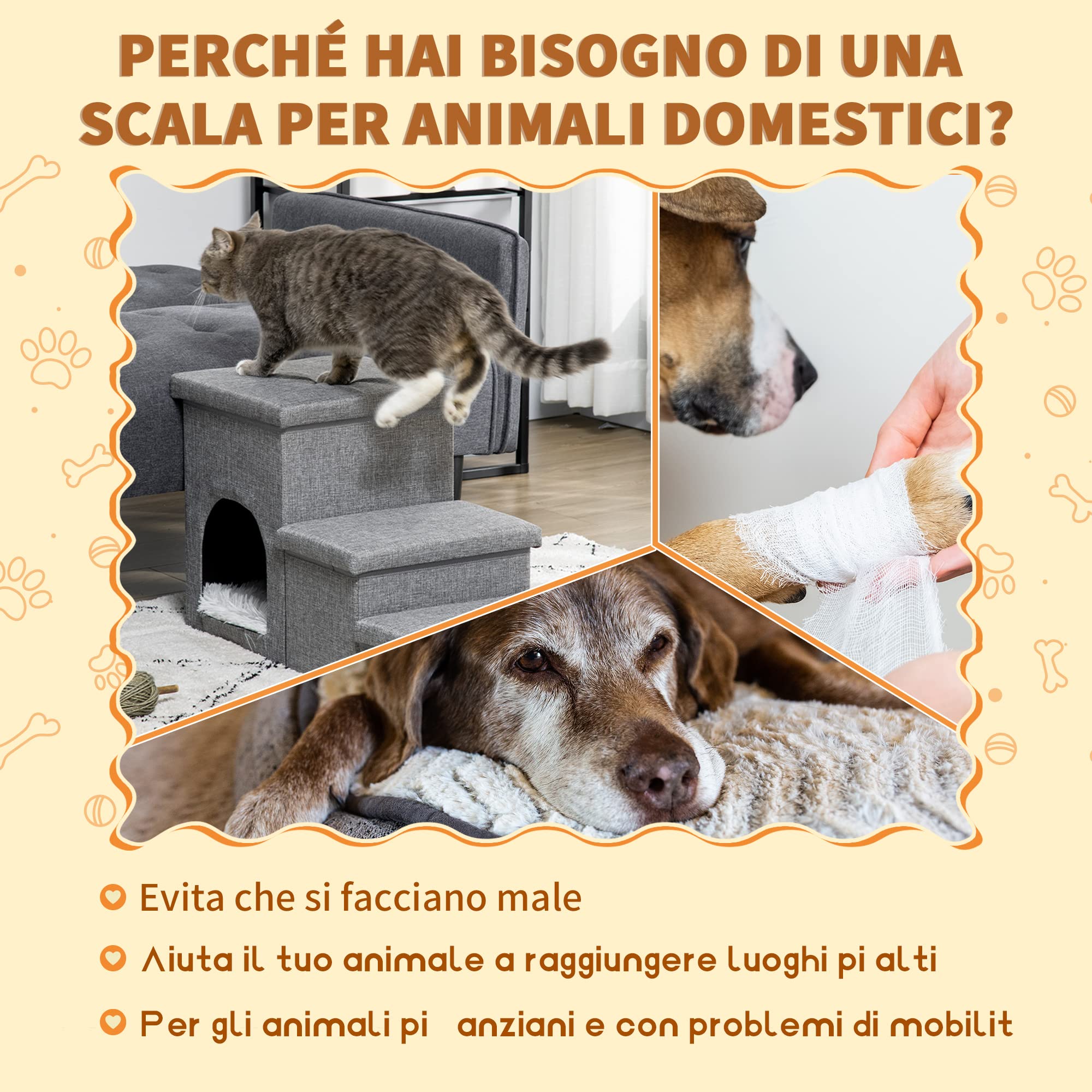 PawHut Scaletta per Cani e Gatti 10kg max a 3 Gradini con Casetta per Cani e Spazio Portaoggetti a Scomparsa, 73.5x33x40.5 cm, Grigio