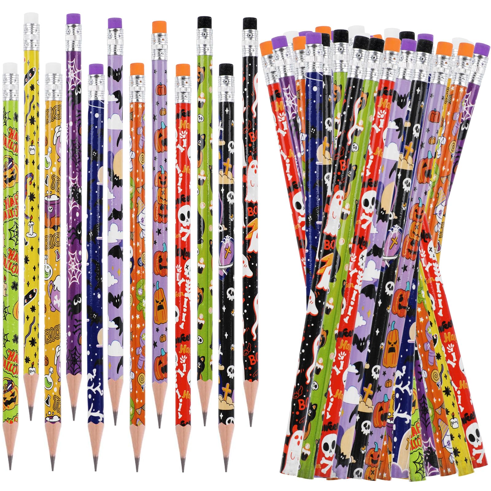 DIYASY Halloween Pencils for Kids, 48 Pack Pencils Bulk with Erasers Assorted Colorful Fall Pencil Set for Halloween Goodies Gift Prize Party Favor