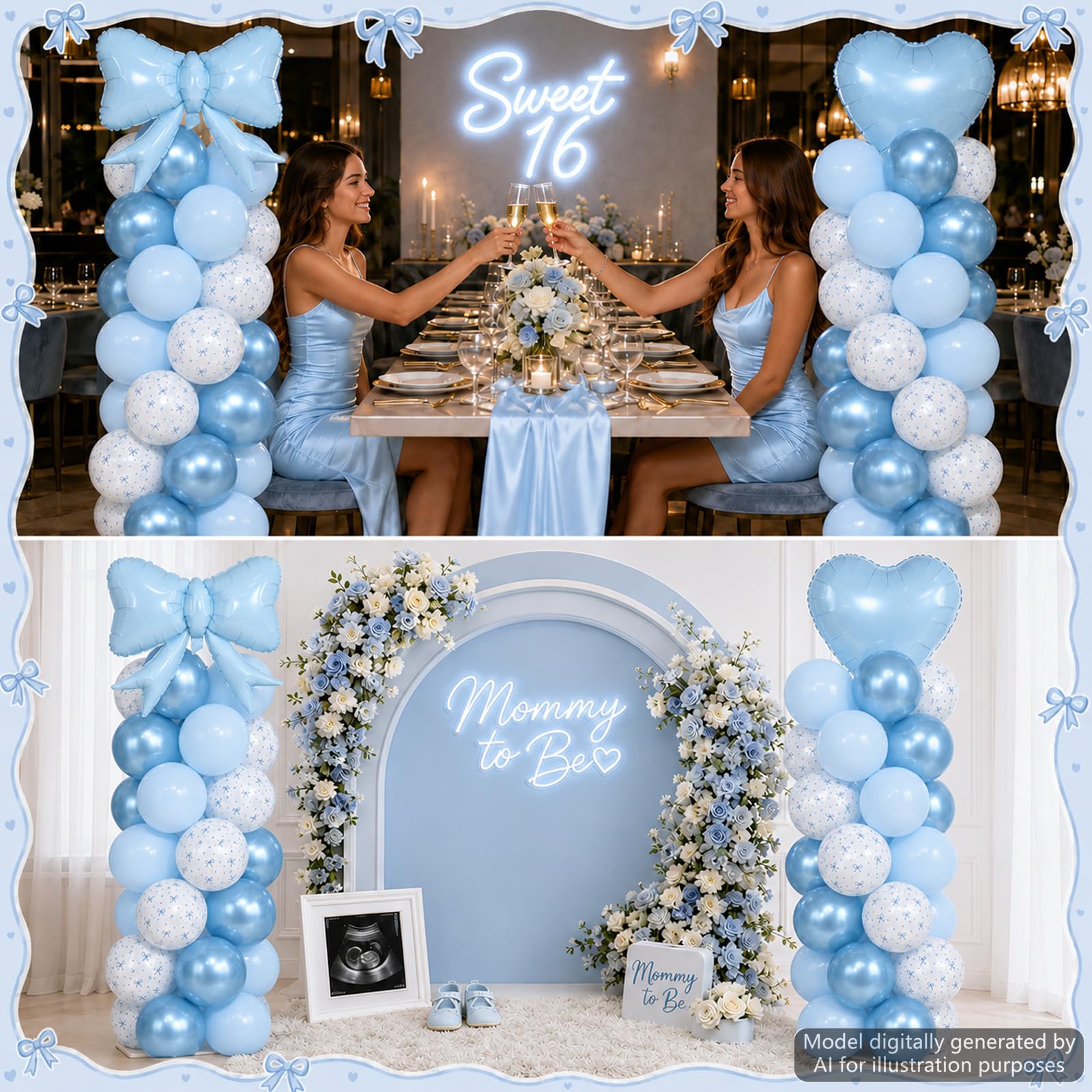 Kit di decorazioni per feste con racchetta a forma di cuore blu, con supporto