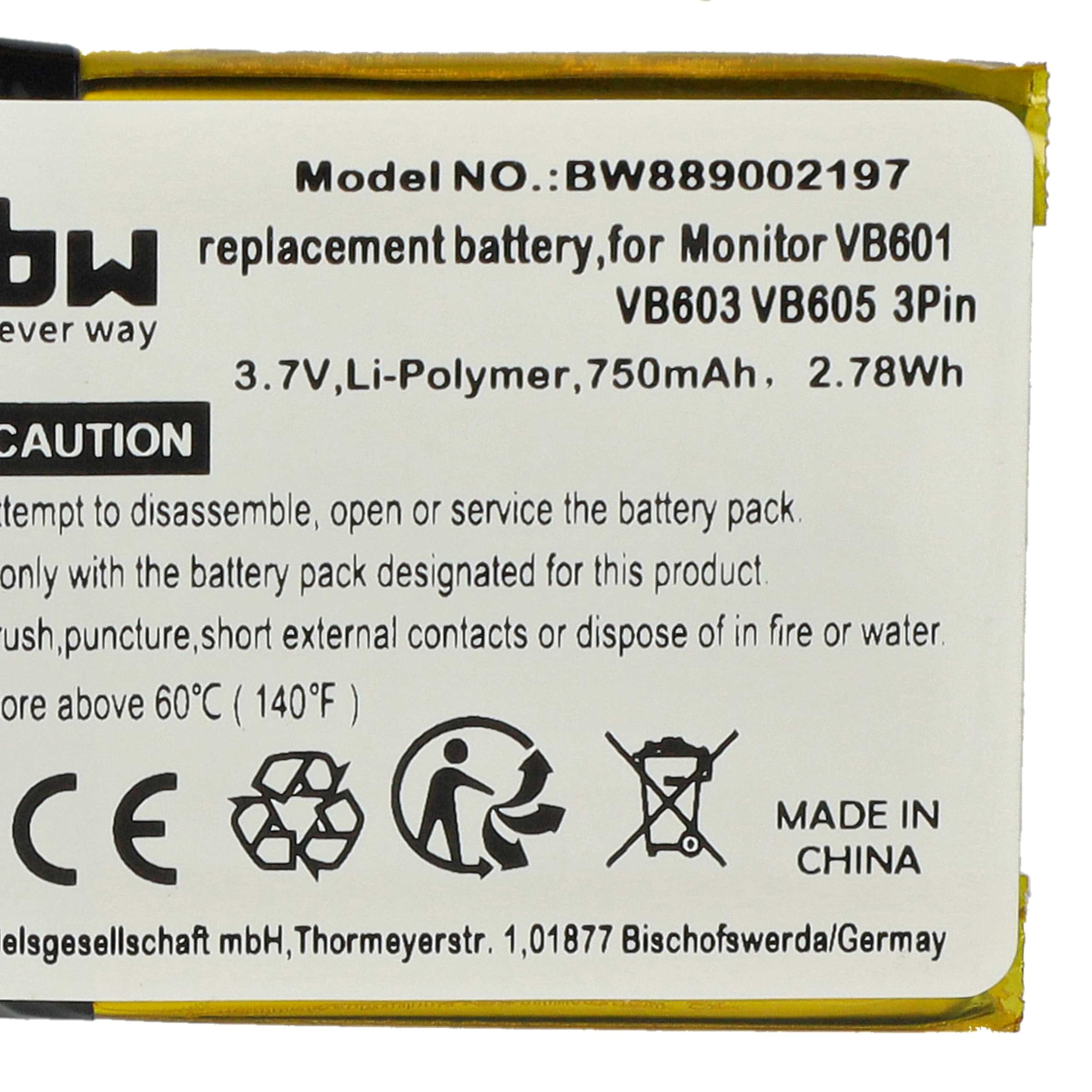 vhbw batteria compatibile con Boifun VB603, VB601, E40, VB610, VB605 babyphone (750mAh, 3,7V, Li-Poly)