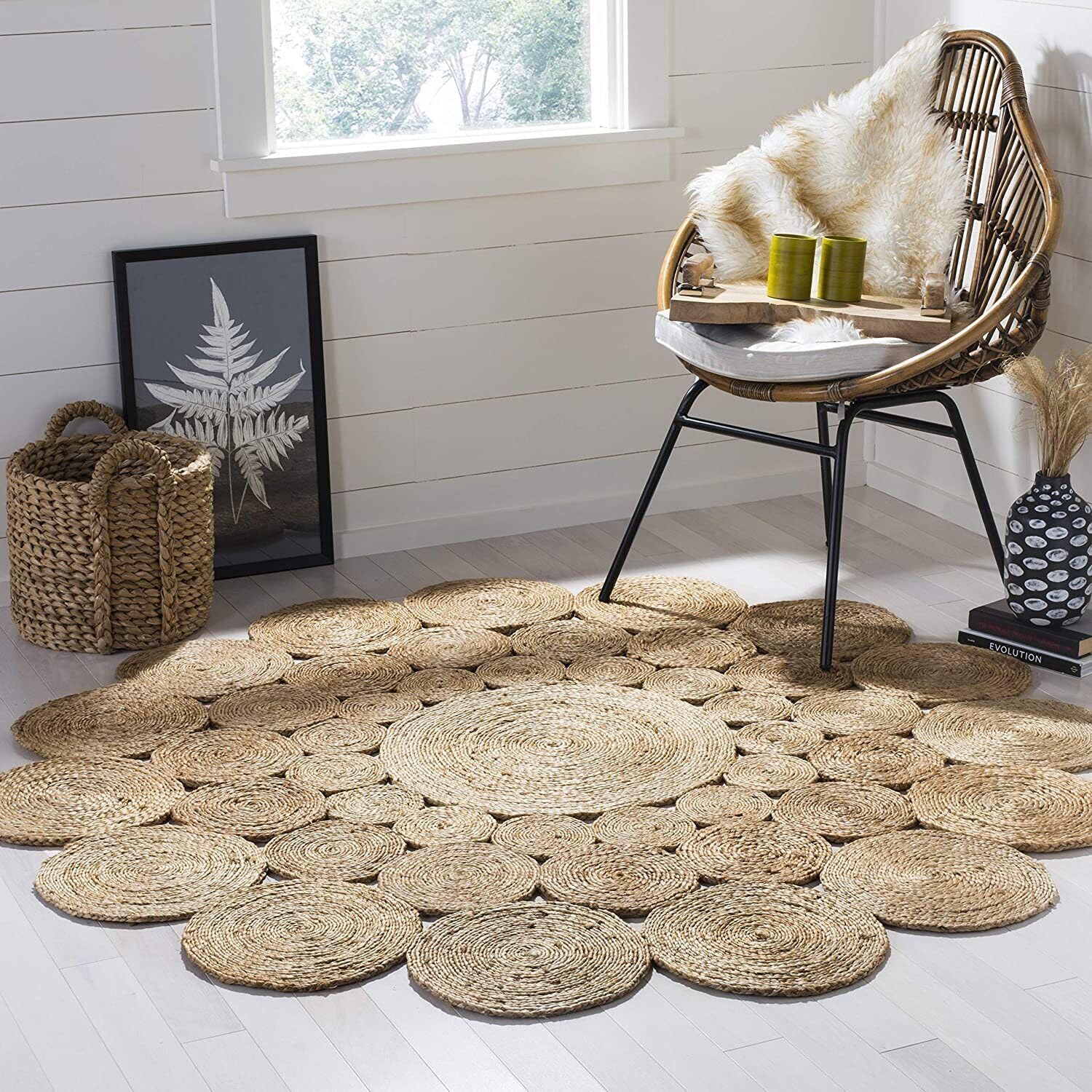 Handgefertigte Blumenform reine Jute Bodenfläche Teppich für Wohnzimmer Jute Runde Bodenmatte Teppiche für Wohnzimmer Jute Mitteltisch Teppich (180cm x 180cm)