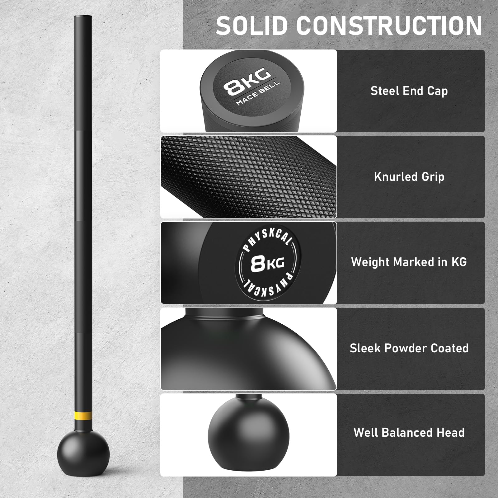 PhysKcal Steel Mace Bell Club, campane da maza in acciaio, mazze indiane, campane da maza con impugnatura zigrinata per l'allenamento della forza di tutto il corpo e la mobilità articolare