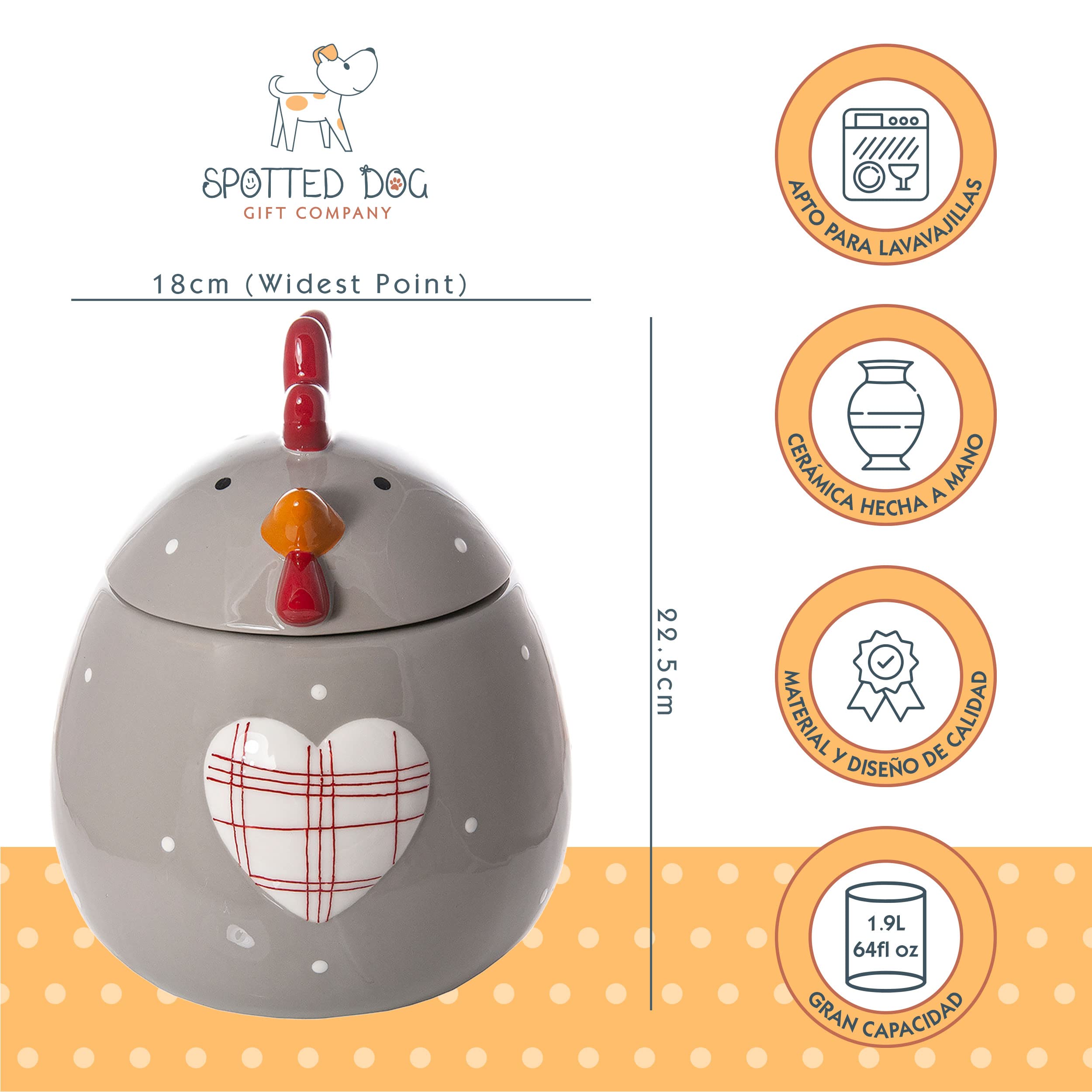 SPOTTED DOG GIFT COMPANY Bote Galletas de Cerámica con Gallina, 1900 ml Galletero Gris con Tapa, Regalo para Amantes Animales