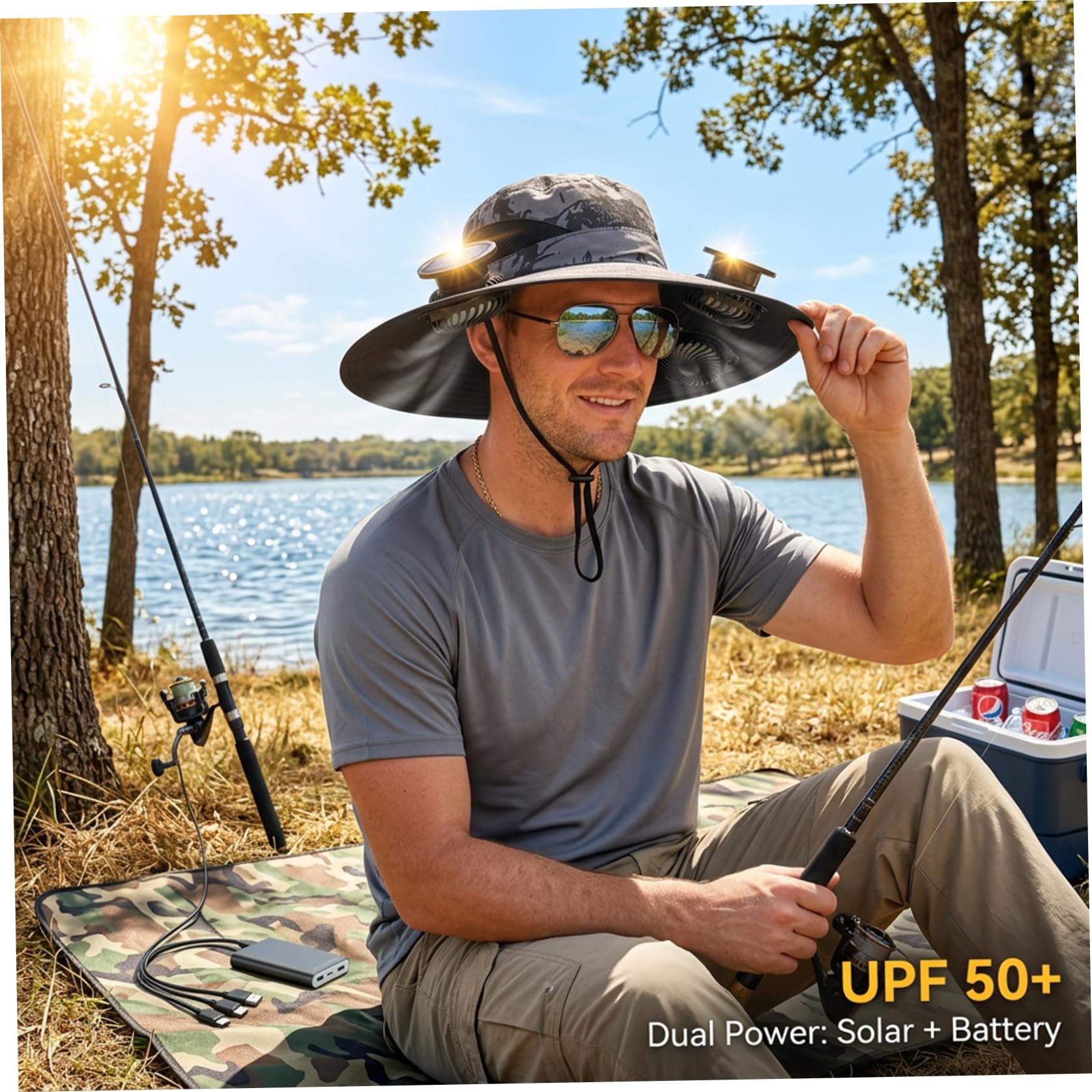 Cappello con Ventola Solare Cappello da Sole UPF 50+ con Doppia Alimentazione (Solare/Batteria) Berretto da Pesca rinfrescante per Esterni con 3 ventole e Tesa Larga per Uomo e Donna