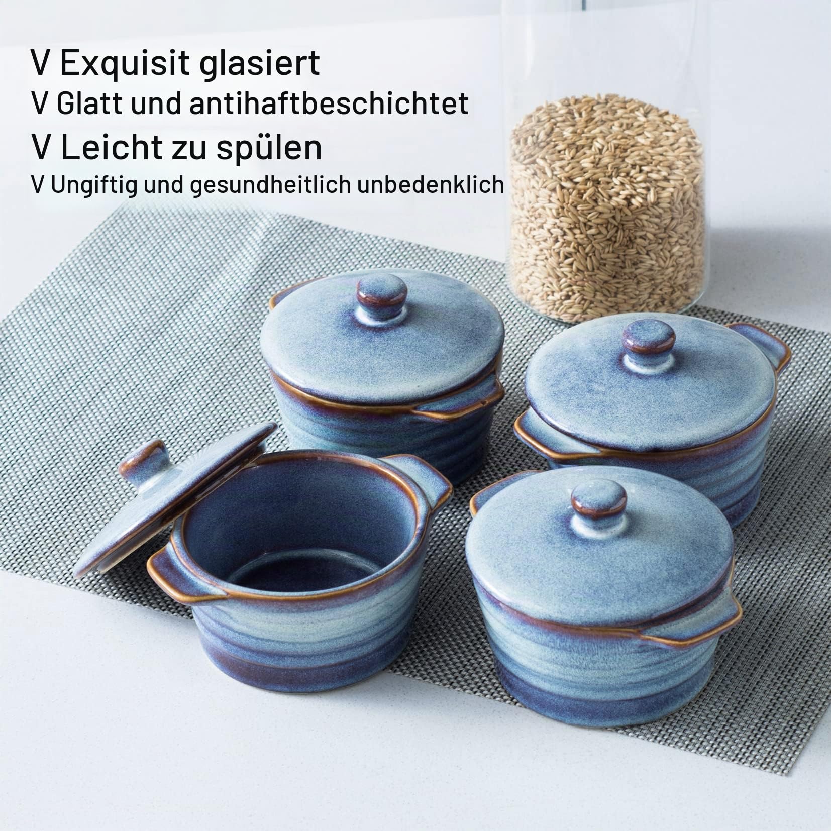 Mini Cocotte, Auflaufförmchen aus Steinzeug, 4 teilige Souffle Förmchen mit Deckel, 250 ml