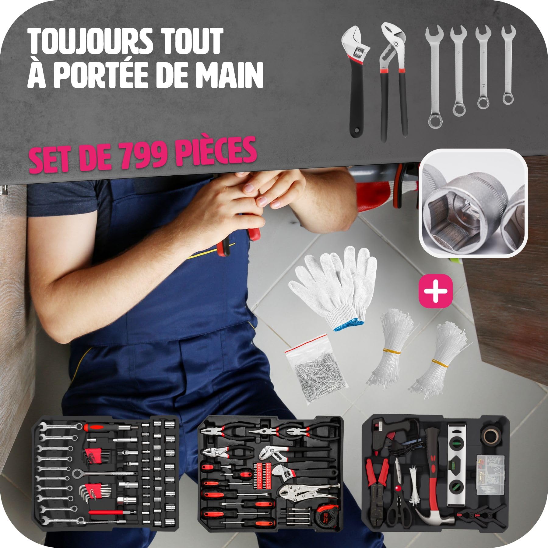 tectake® Caisse à outils sur roulettes Boîte à outils en Aluminium 799 Pièces 3 Compartiments, Rangement atelier Outillage à main Bricolage Embout visseuse Kit tournevis Rangement visserie
