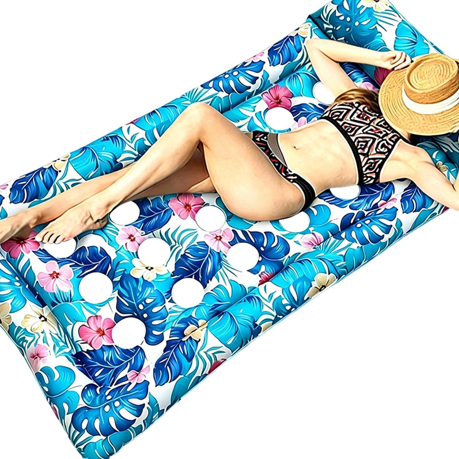 Lettino gonfiabile da piscina con stampa di foglie tropicali | Poltrona gonfiabile da piscina con poggiatesta in PVC, adatta per donne, bambini, prendere il sole, sport acquatici e vacanze