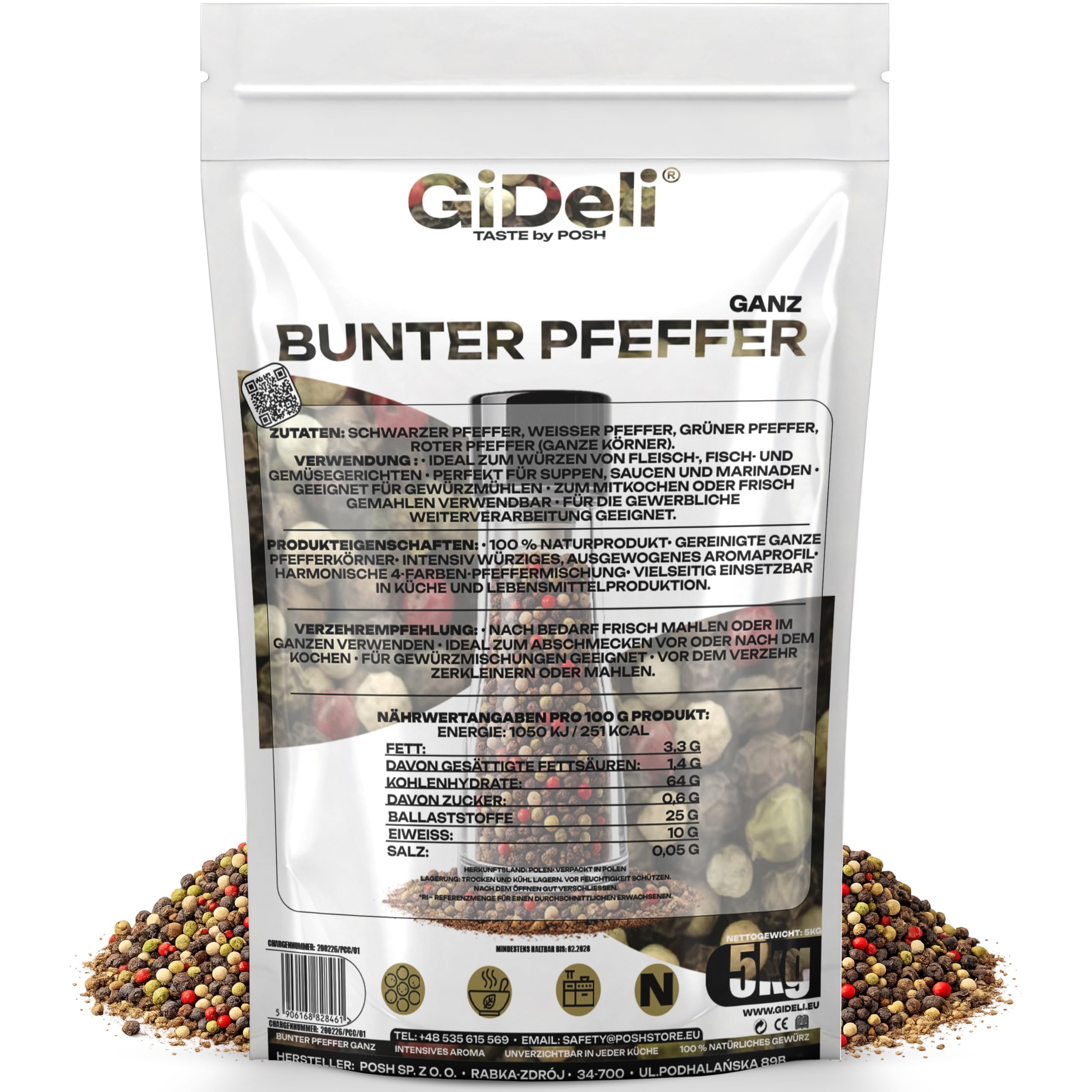 GiDeli Bunter Pfeffer Ganz 5kg - Aromatische Schwarze, Weiße, Rote und Grüne Pfefferkörner - Für Pfeffermühle und Mörser - Universell Einsetzbar - 100% Naturrein ohne Zusätze