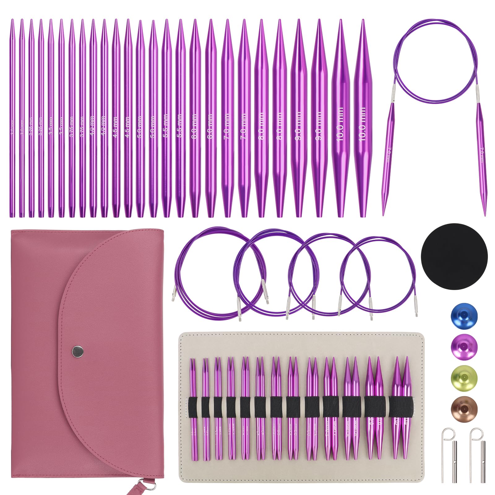 Reessy Circular Knitting Needles Set 3mm-10mm, 13 Pair of Interchangeable Circular Knitting Needles Set with Case & Accessories, Metal Knitting Needle UK for Smooth Knit & Versatile Projects-Purple