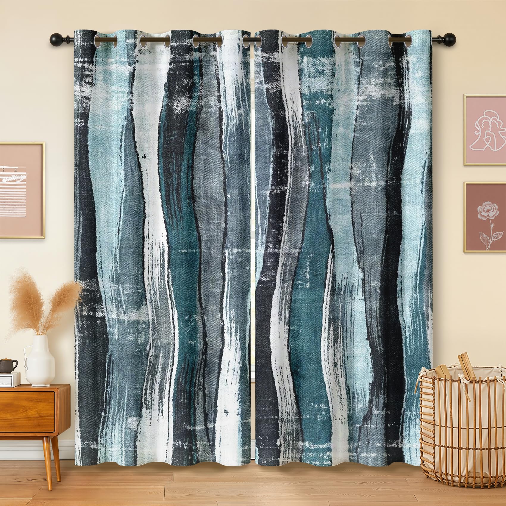 Havenix Blue and Grey Stripe Blackout Curtains for Bedroom Living Room, 72 inch Drop Curtains 66x72, Thermal Insulated Eyelet Drapes for Windows, Modern Abstract Patterned Window Treatments, 2 Panels