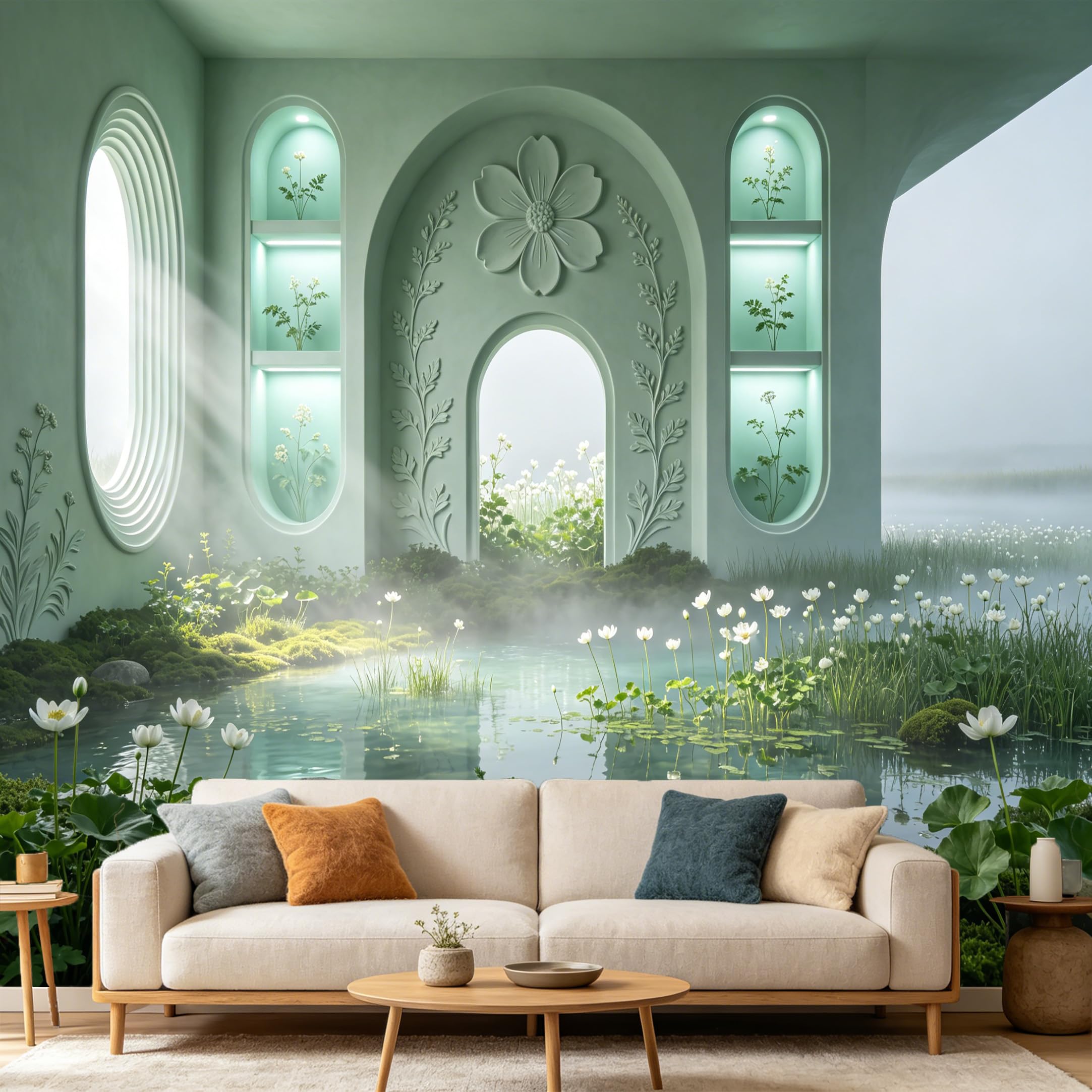 Custom Size Wall Mural， 3D Archway Pond Lotus Botanical Modern Minimalist， SelfAdhesive Art Prints wall Fabric Removable Large Wallpaper Home Living Room Decor