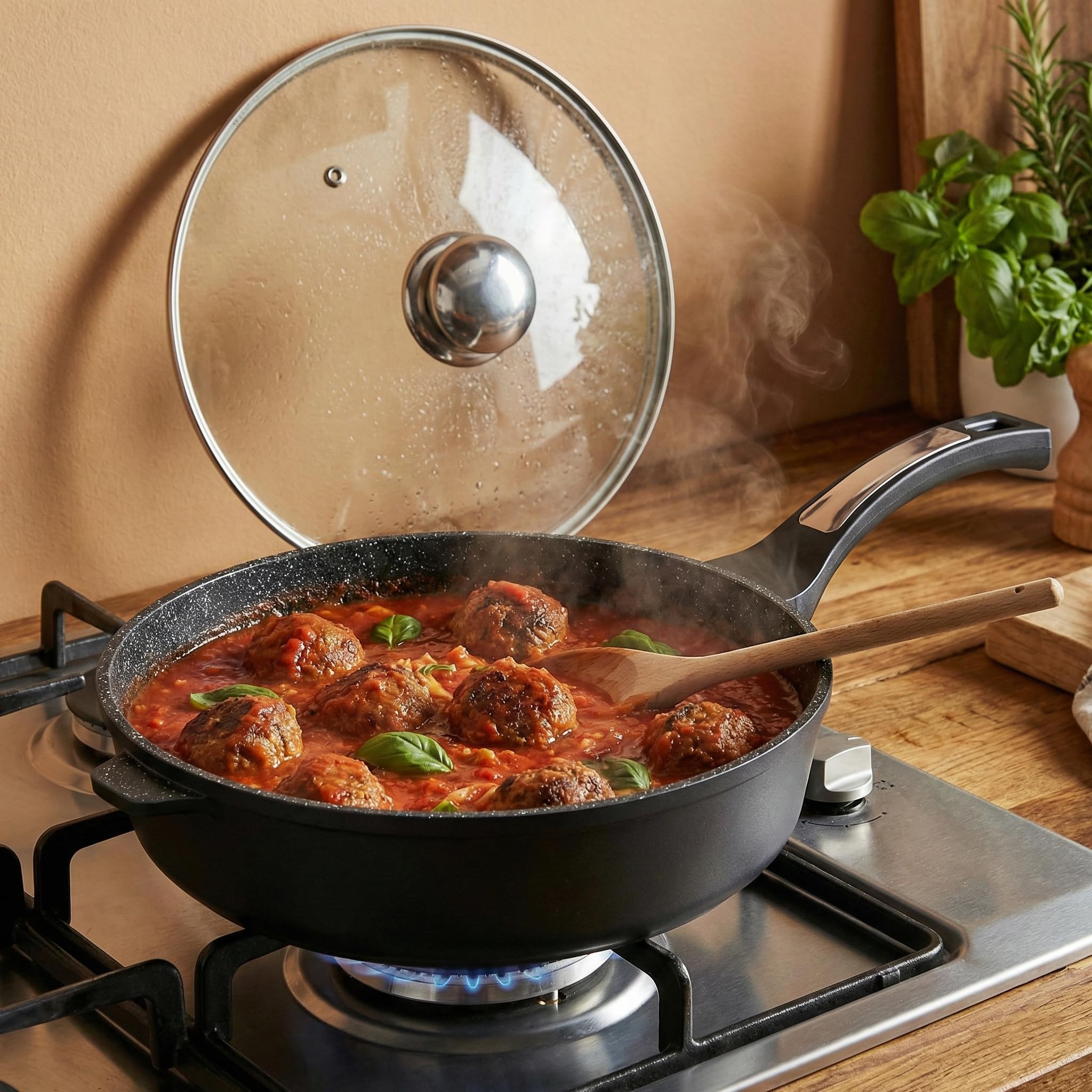 Haussmann Héritage Sauteuse 24cm Fonte d'Aluminium Revêtement Façon Pierre – 3.5L Wok Profond avec Couvercle Verre – Compatible Tous Feux dont Induction – Anti-adhésif & Robuste – HM-2424