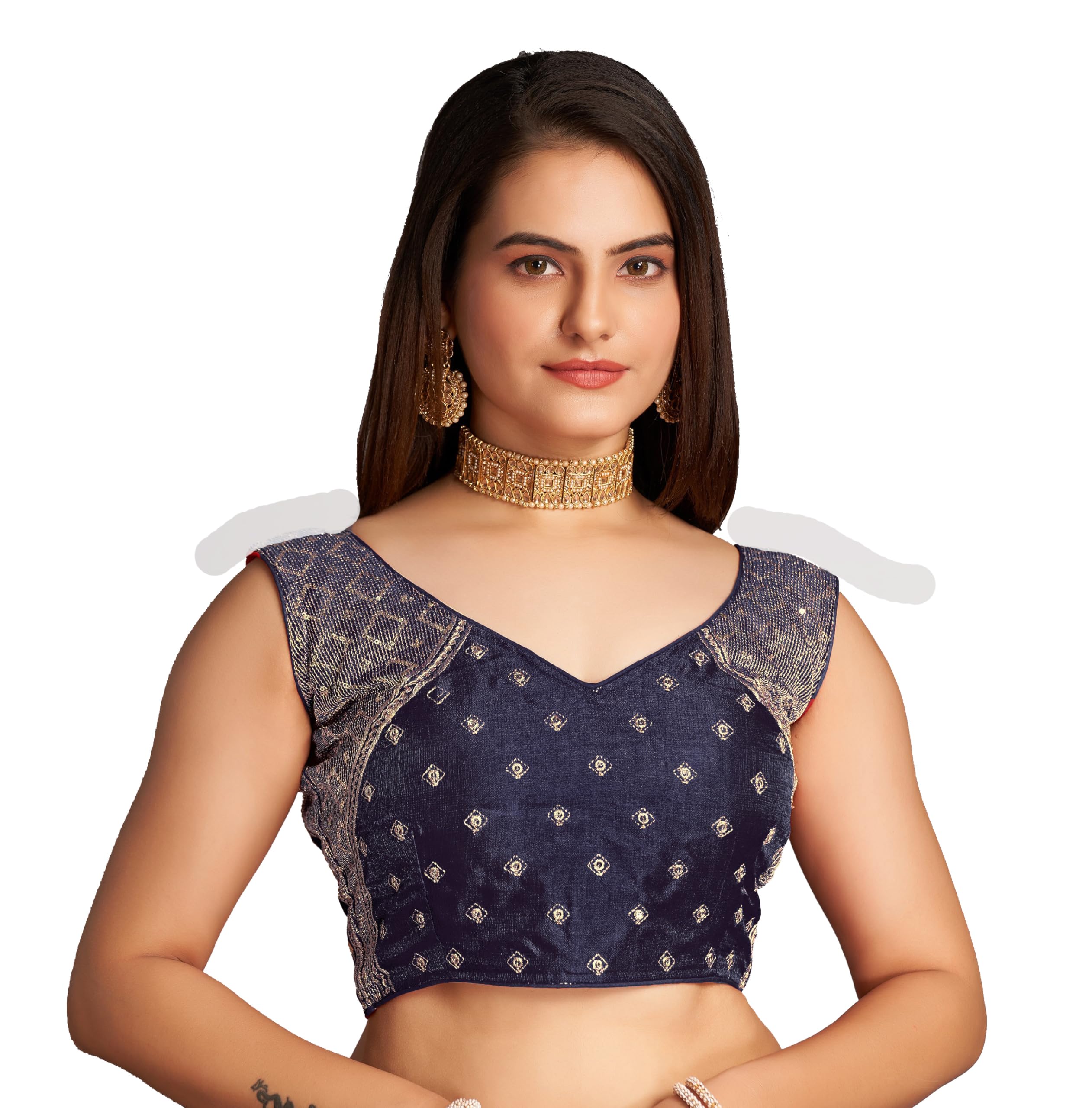 Pujia Mills Women's Sequin Embroidered V Neck Sleeveless Navy Blue Readymade Saree Blouse Indian Ethnic Stitched Padded Blouses For Women