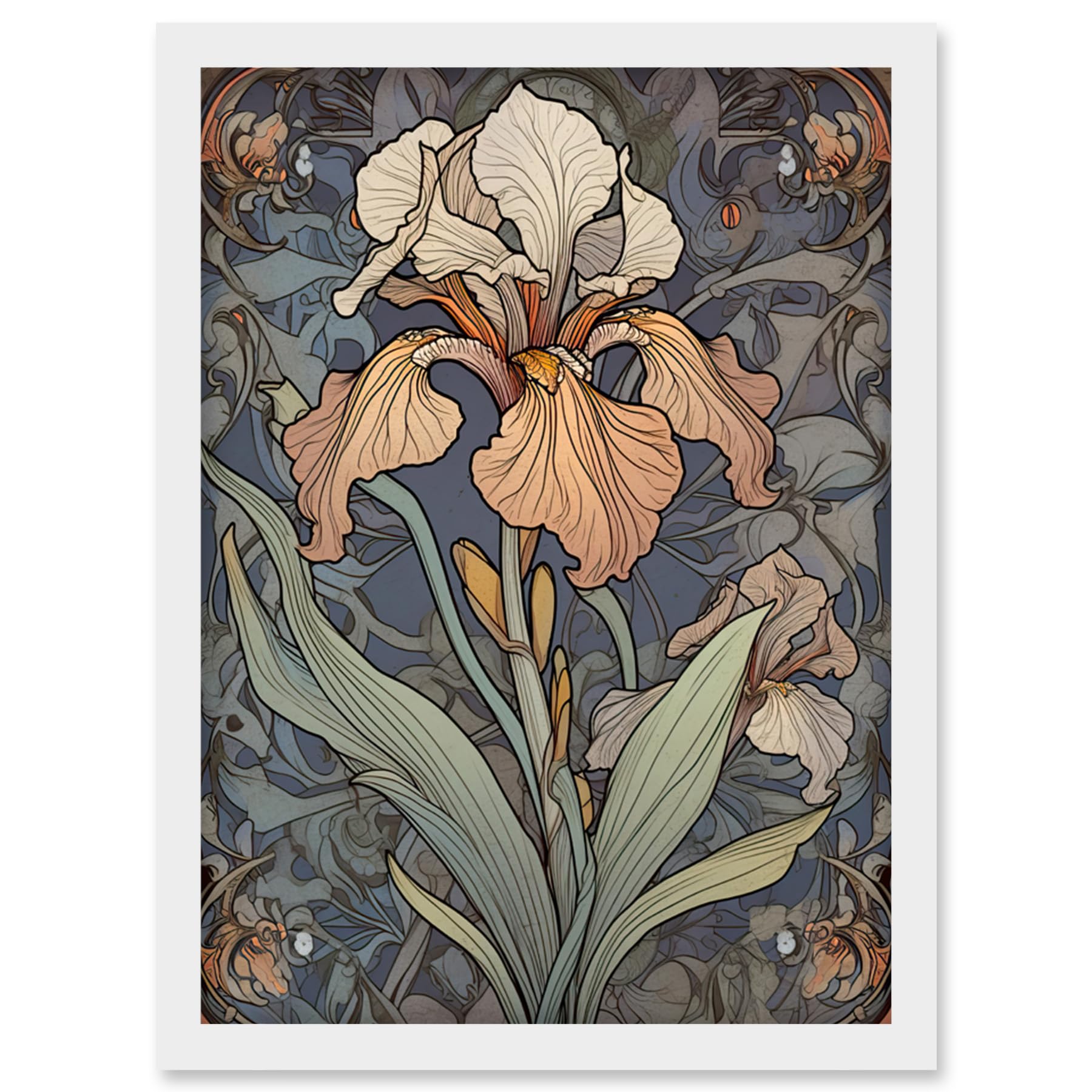 Artery8 Art Nouveau Style Iris Bloom Flower Watercolour Artwork Framed Wall Art Print A4