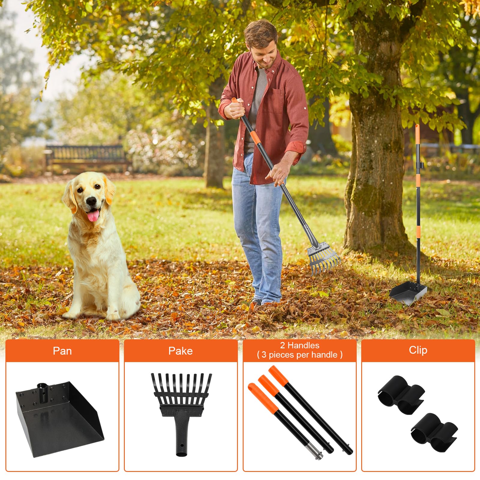 Juego de Pala para excrementos, Bandeja y rastrillo con Mango Largo Ajustable de Acero Inoxidable para Perros Grandes, medianos y pequeños, Resistente