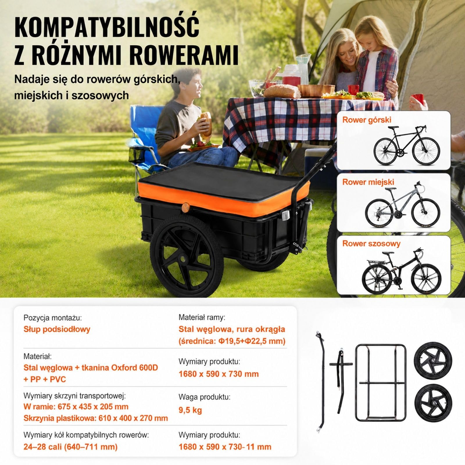 Przyczepka rowerowa bagażowa, udźwig 40 kg, składany wózek transportowy z uniwersalnym zaczepem do zakupów i kempingu
