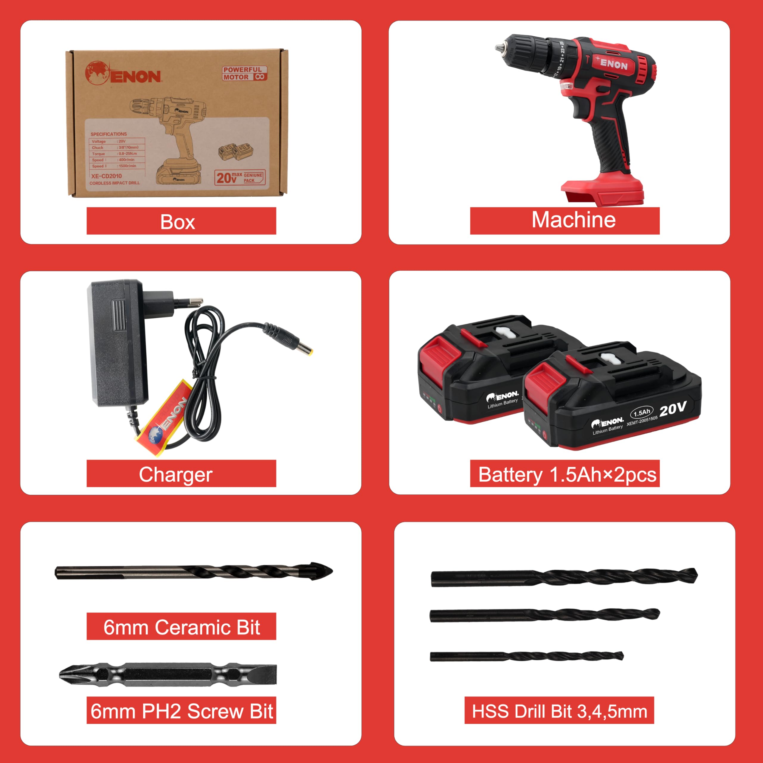 Enon Cordless Impact Drill/Driver for Home Use, 20V, 1500RPM, 22NM Torque, Keyless Chuck 10mm, 25 Level Torque, 2 Speed Modes, 3 Setting Modes, 2 x 1500mAh Batteries, 6 Months Warranty (XE-CD2010) 3