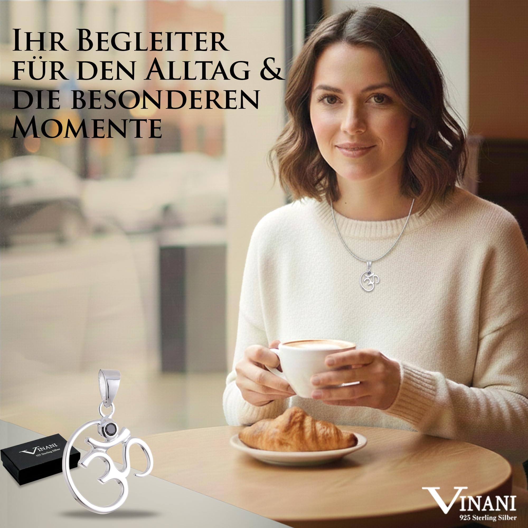 Vinani Anhänger OM Symbol Zirkonia schwarz Sterling Silber 925 AOM-EZ | OM-Symbol mit schwarzem Zirkonia für Ketten bis 3,5 mm, nickelfrei, antiallergisch und anlaufgeschützt.