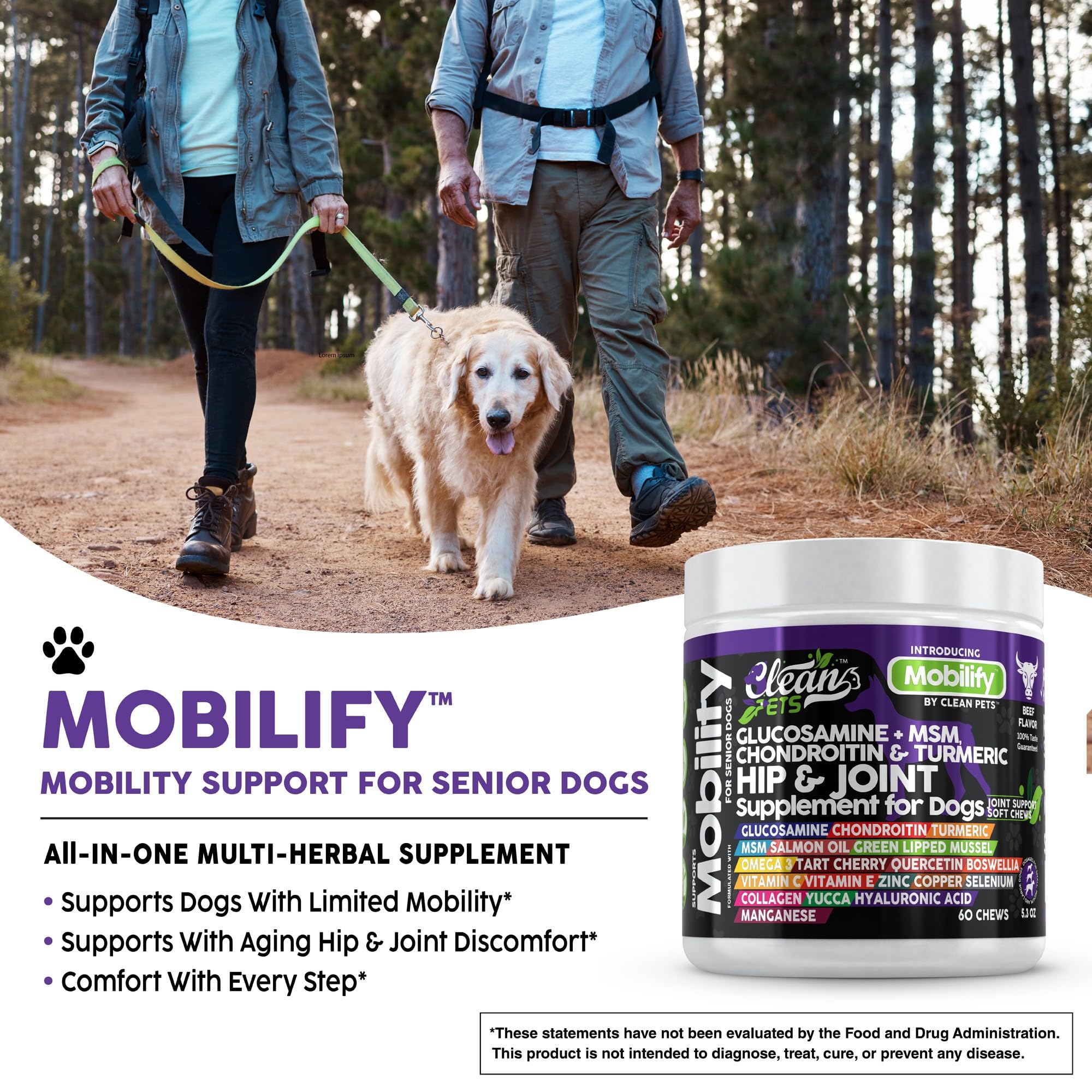 Hip and Joint Supplement Dogs with Glucosamine for Dogs + Chondroitin, Turmeric, Hyaluronic Acid, MSM, Salmon Oil, Collagen, Vitamin C, Omega 3 Senior Dog Supplements Beef Flavor - 1Pack - image 4