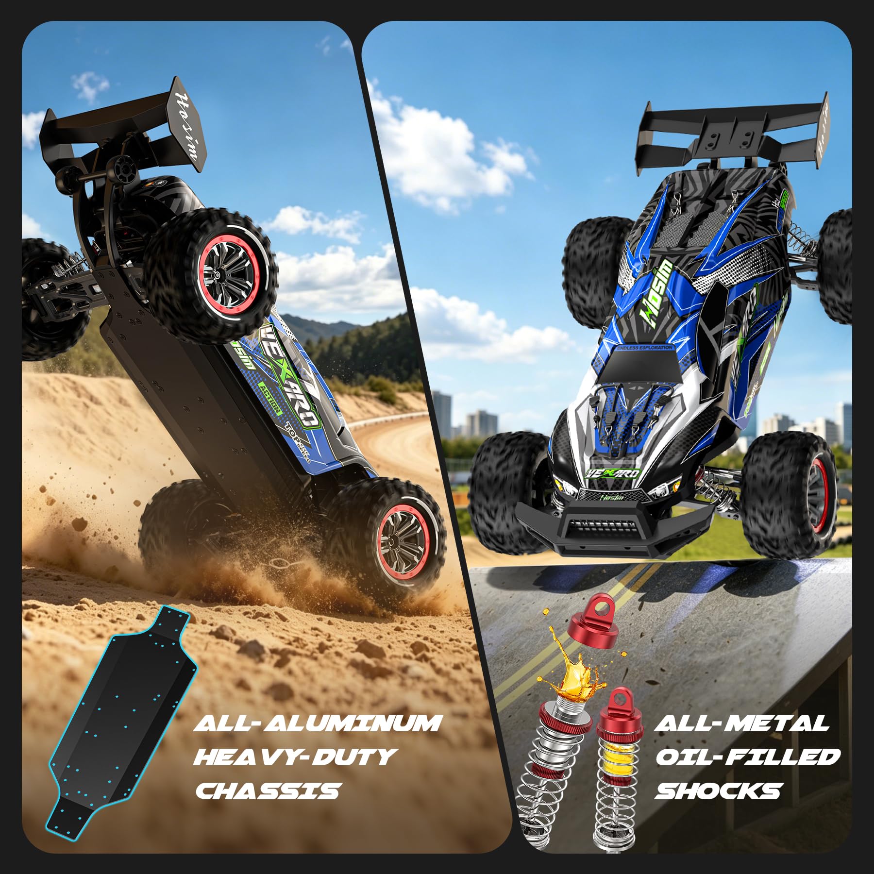 Hosim - Coche teledirigido rápido para adultos 80 km/h, mini camión teledirigido 1:8 con tres diferenciales, 4WD todoterreno impermeable RC Car con 2 baterías 3S